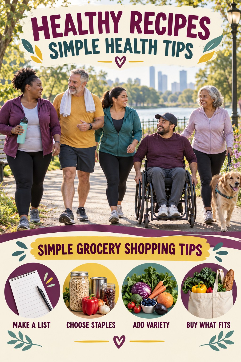 Healthy Recipes simple-health graphic titled Simple Grocery Shopping Tips with four practical wellness prompts.