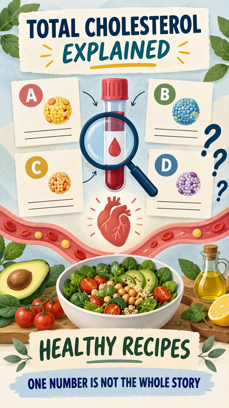 Total Cholesterol Interpretation Guide infographic for Healthy Recipes, using a non-numerical educational lipid-panel layout with question and context icons.