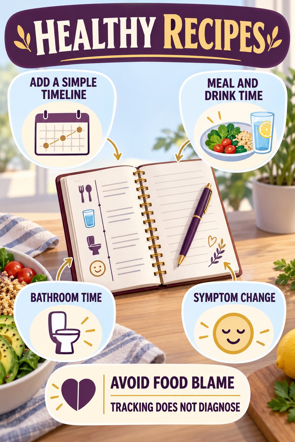 Track Symptoms During Meal Planning urinary symptom tracking infographic for Healthy Recipes with four practical diary points and a non-diagnostic reminder.