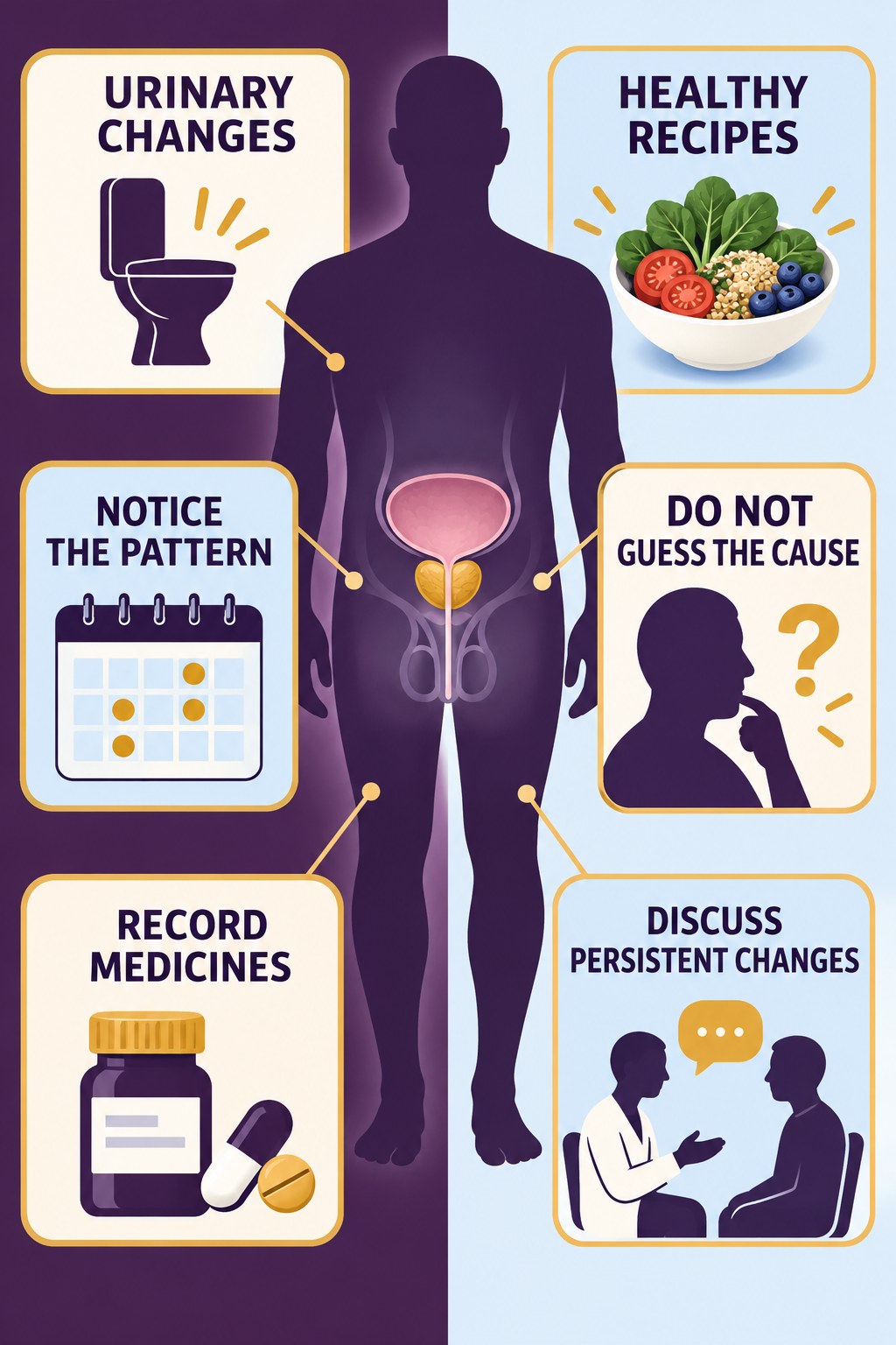 Urinary Changes Start a Conversation, Not a Diagnosis infographic for Healthy Recipes with four concise prostate-health awareness points.