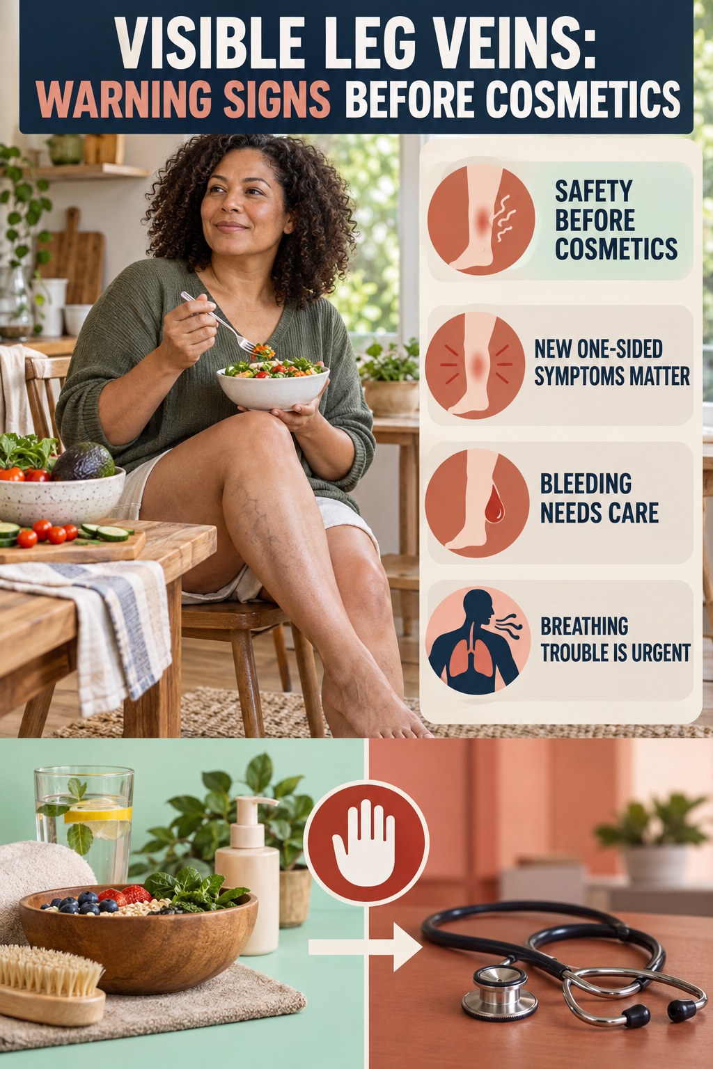 Warning Signs Before Cosmetics infographic for Healthy Recipes, showing body-neutral visible-leg-vein appearance care and the boundary between temporary cosmetic support and treatment.