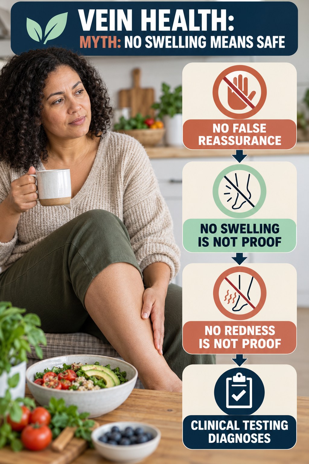 Myth: No Swelling Means Safe infographic for Healthy Recipes, explaining vein-health warning signs and the appropriate next action without diagnosing a condition.