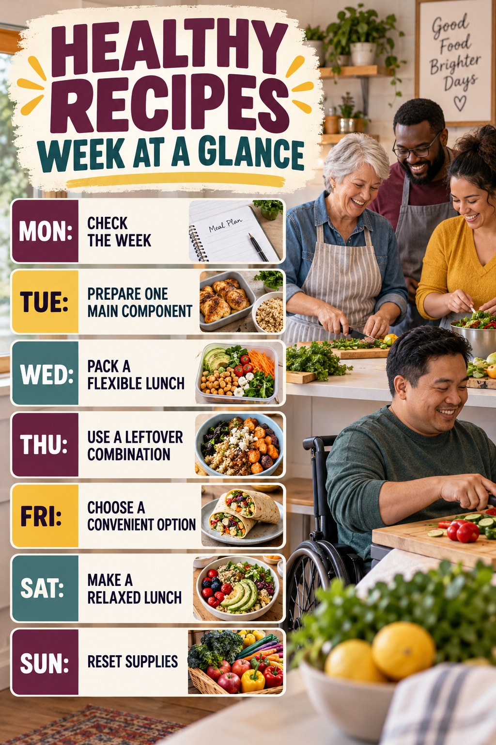 Weekly Healthy Recipes plan graphic with concise Monday-to-Sunday actions and flexible recovery guidance.
