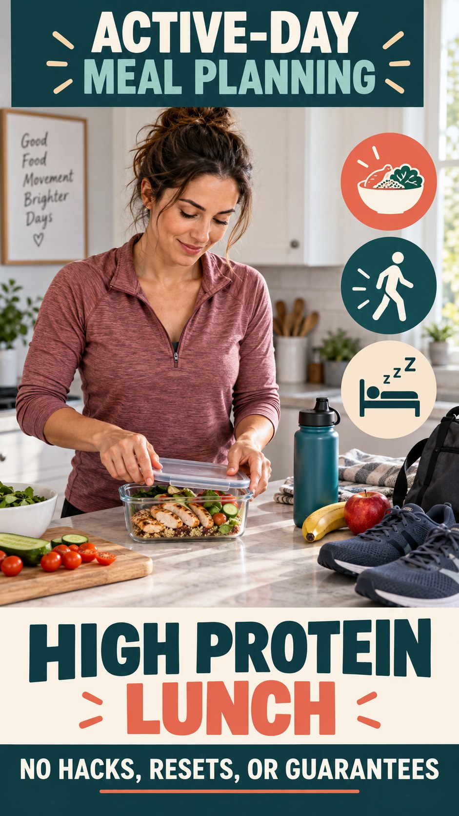 Active-Day Meal Planning infographic for High Protein Lunch, showing practical metabolism-support habits for an active lifestyle.