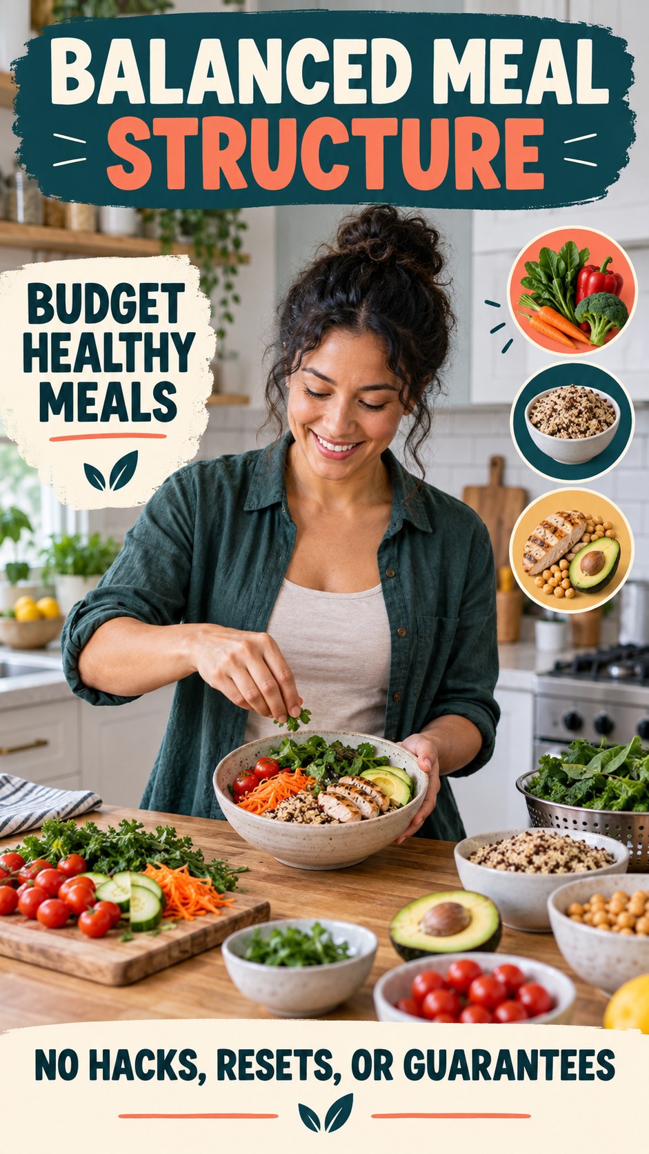 Balanced Meal Structure infographic for Budget Healthy Meals, showing practical metabolism-support habits for an active lifestyle.