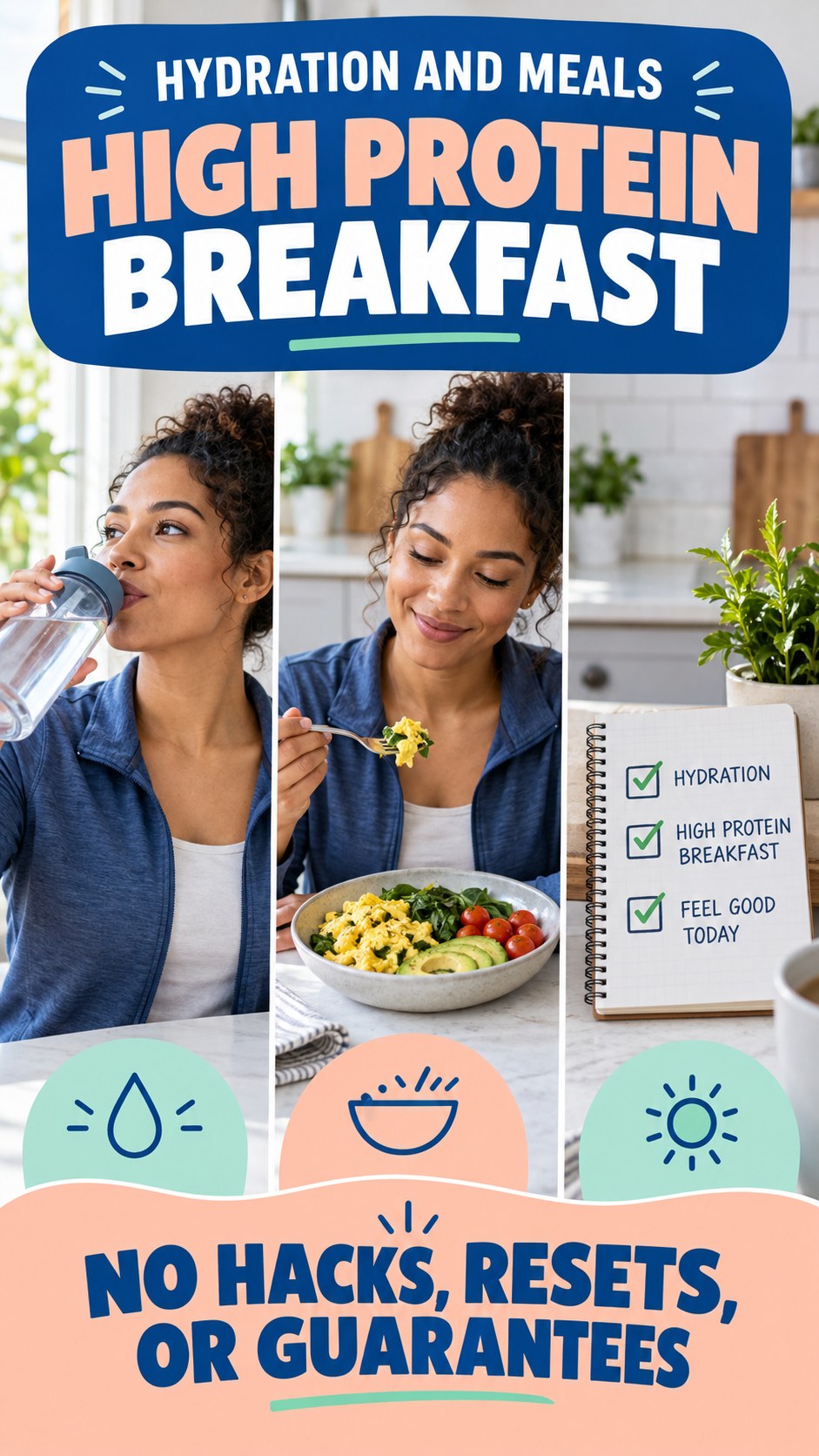 Hydration and Meals infographic for High Protein Breakfast, showing practical metabolism-support habits for an active lifestyle.