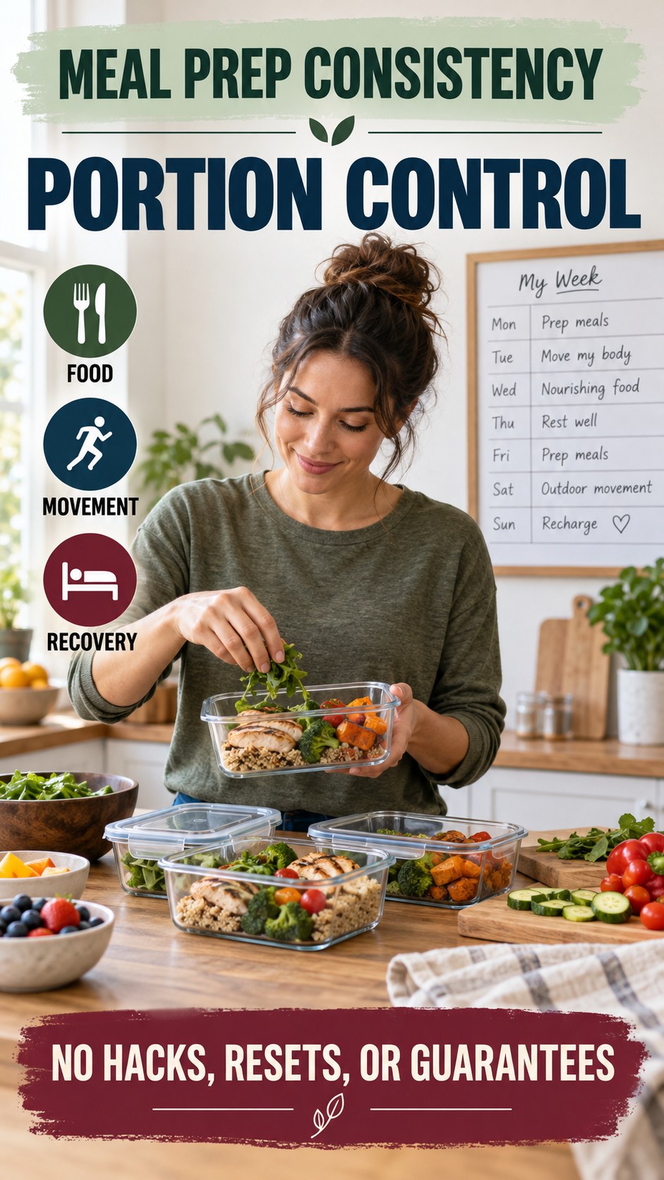 Meal Prep Consistency infographic for Portion Control, showing practical metabolism-support habits for an active lifestyle.