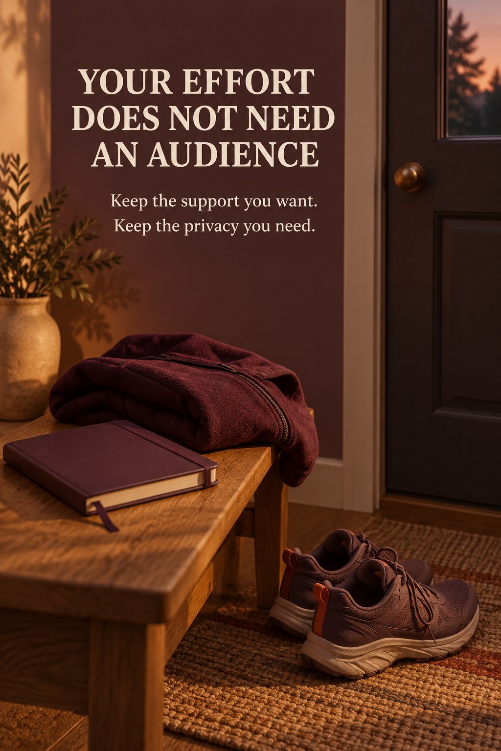A closed personal notebook beside walking shoes and a coat near a quiet doorway.