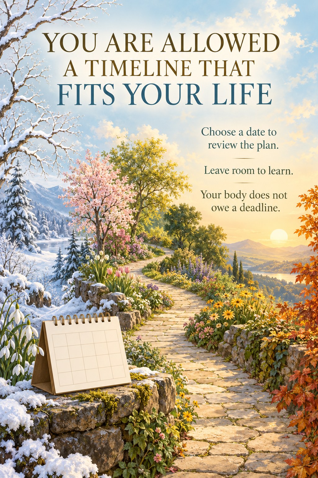An illustrated winding path through a garden with a small blank calendar card in the foreground.