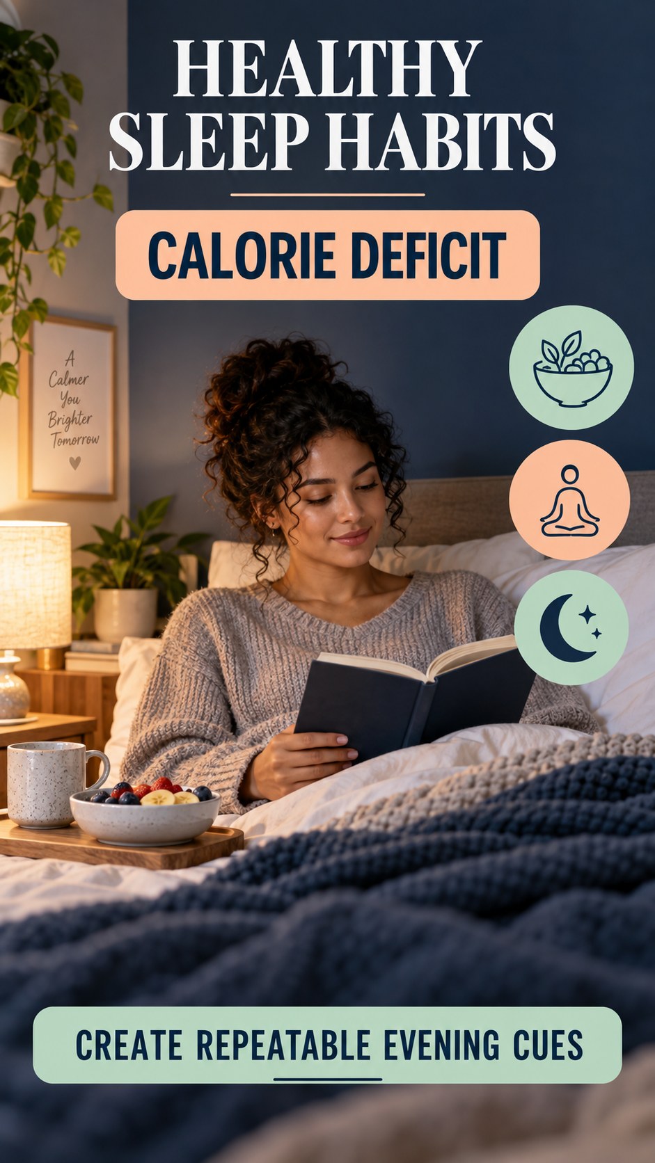 Healthy Sleep Habits infographic for Calorie Deficit, showing a flexible and calming evening wellness routine.