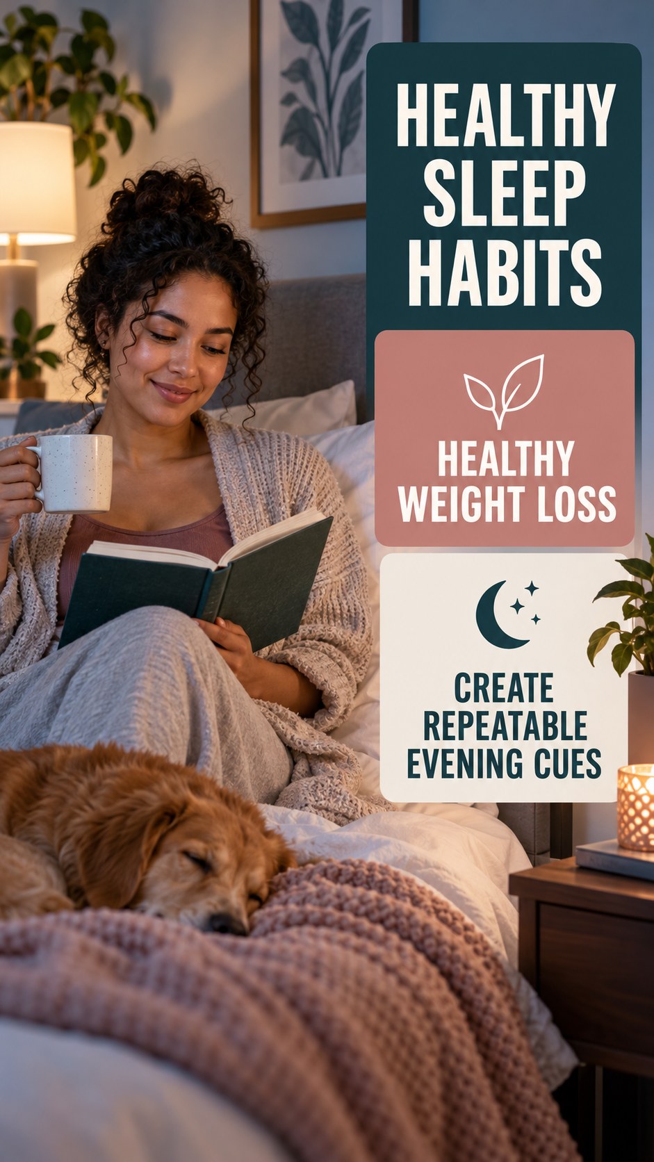 Healthy Sleep Habits infographic for Healthy Weight Loss, showing a flexible and calming evening wellness routine.