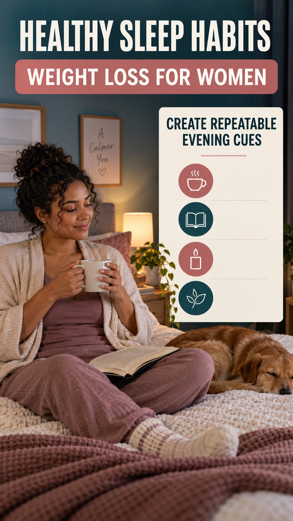 Healthy Sleep Habits infographic for Weight Loss for Women, showing a flexible and calming evening wellness routine.