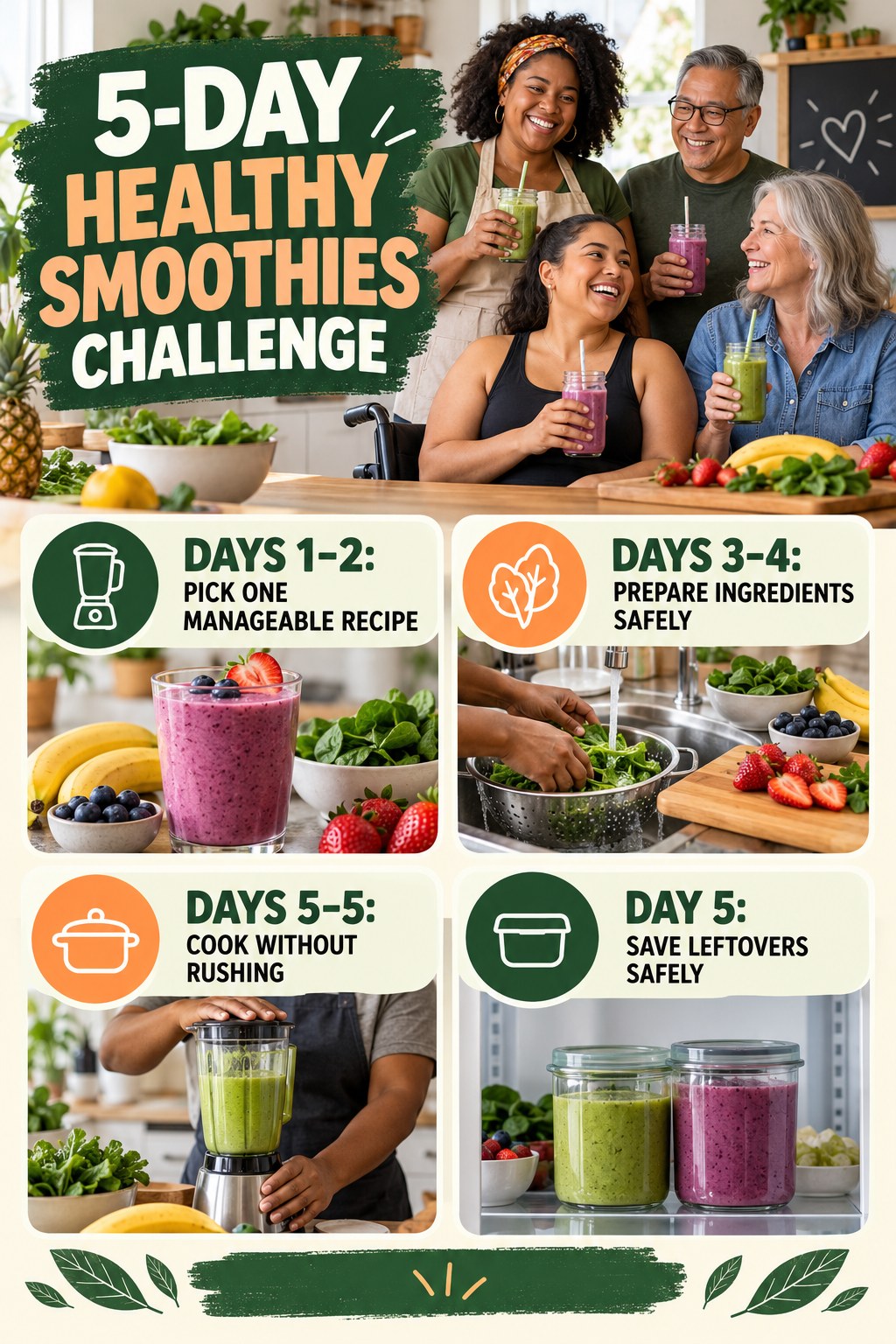 5-day Healthy Smoothies challenge graphic showing four manageable milestones for consistent practice.