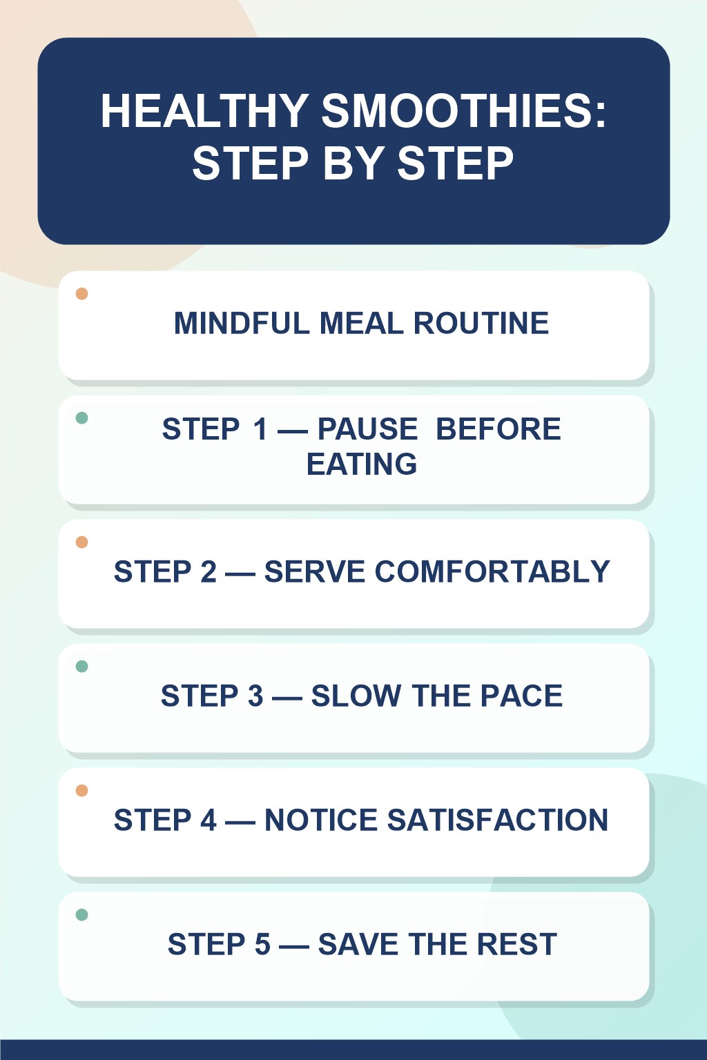Healthy Smoothies step-by-step graphic showing five numbered stages for mindful meal routine.