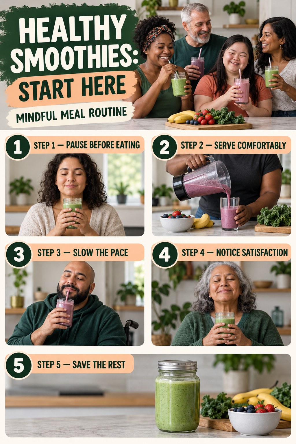 Healthy Smoothies beginner guide graphic showing five manageable stages for mindful meal routine.