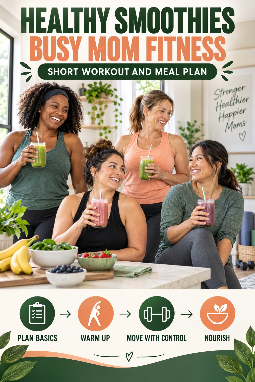 Healthy Smoothies busy-mom fitness graphic titled Short Workout and Meal Plan with four practical movement prompts.