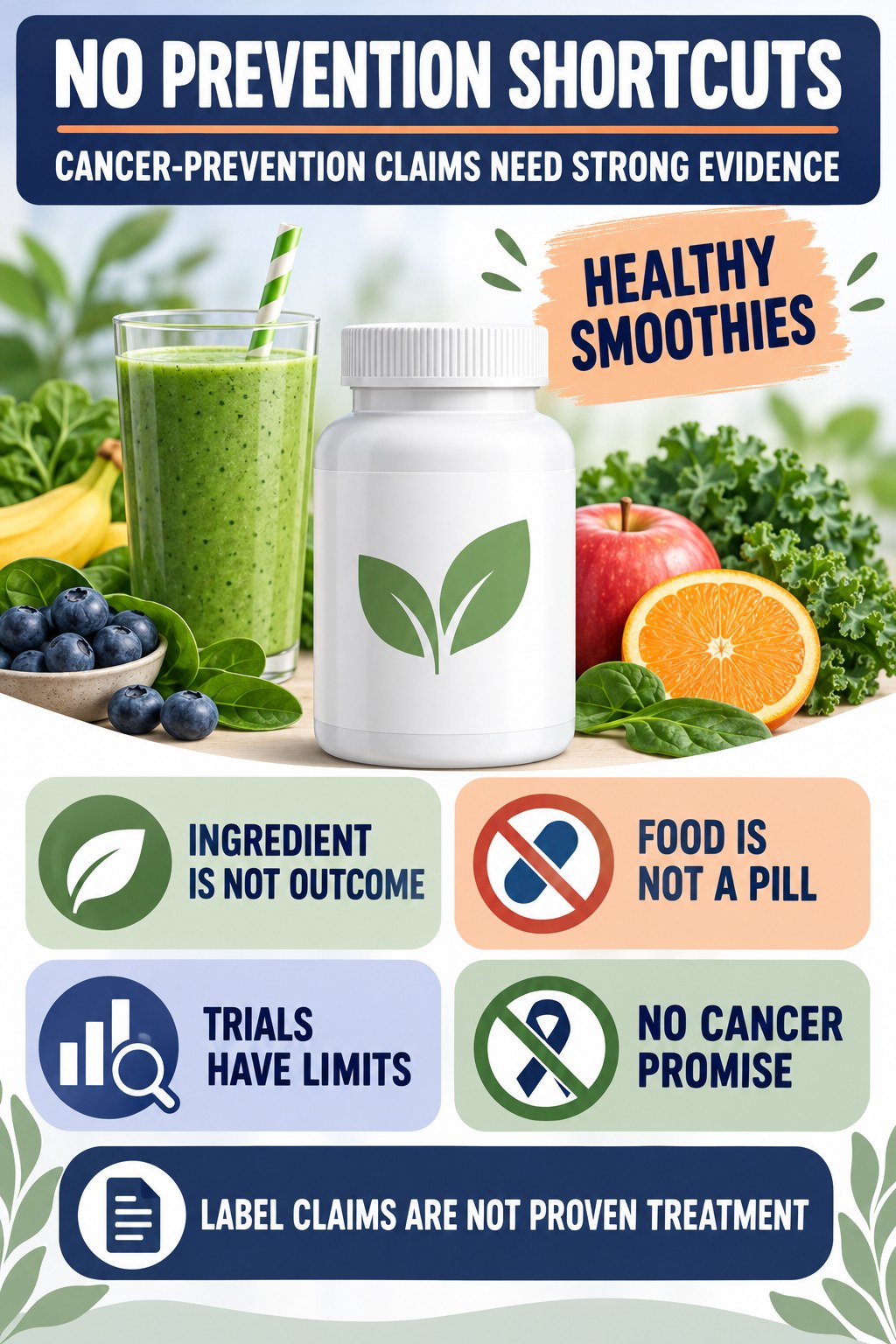 Cancer-Prevention Claims Need Strong Evidence prostate supplement label-literacy infographic for Healthy Smoothies with four careful reading points.