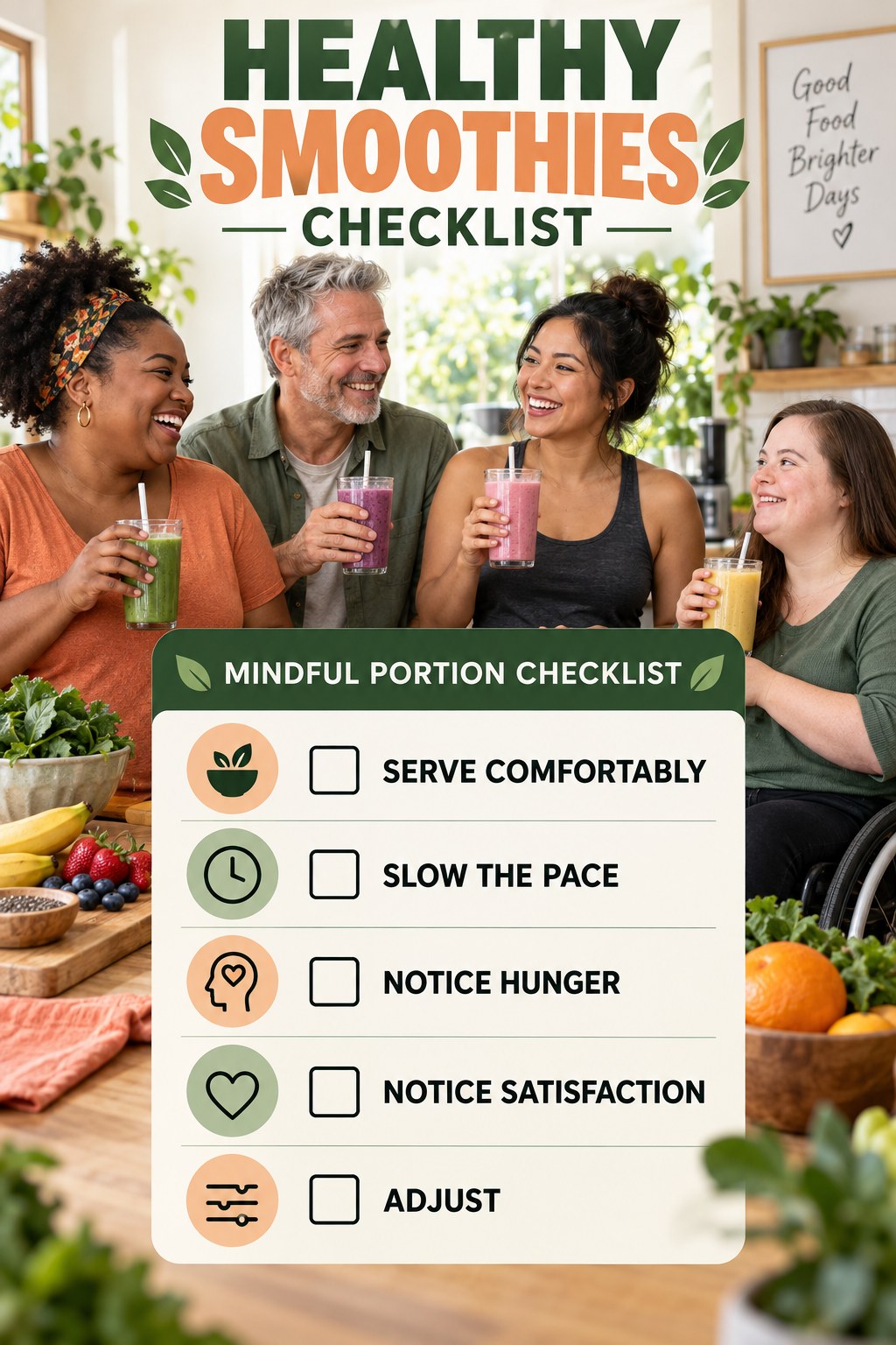 Healthy Smoothies checklist graphic titled Mindful Portion Checklist with five clear practical wellness items.