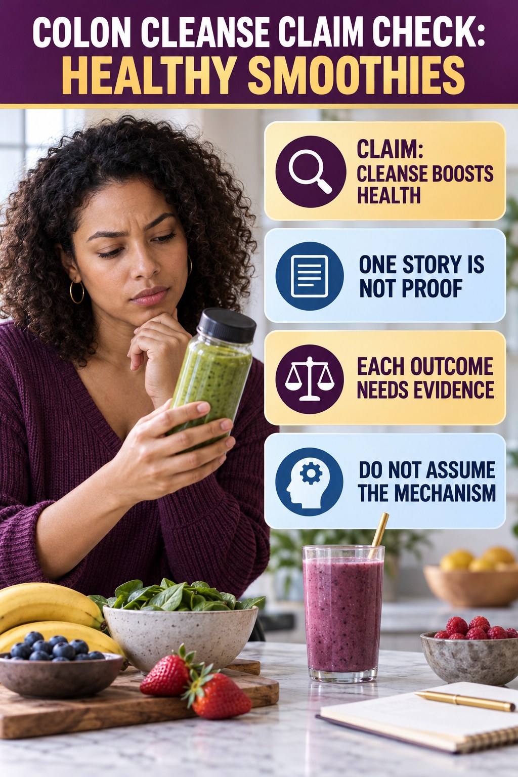 Skin, Energy, and Immunity Claims infographic for Healthy Smoothies, separating a colon-cleanse marketing claim from evidence, reasonable conclusions, and safety context.