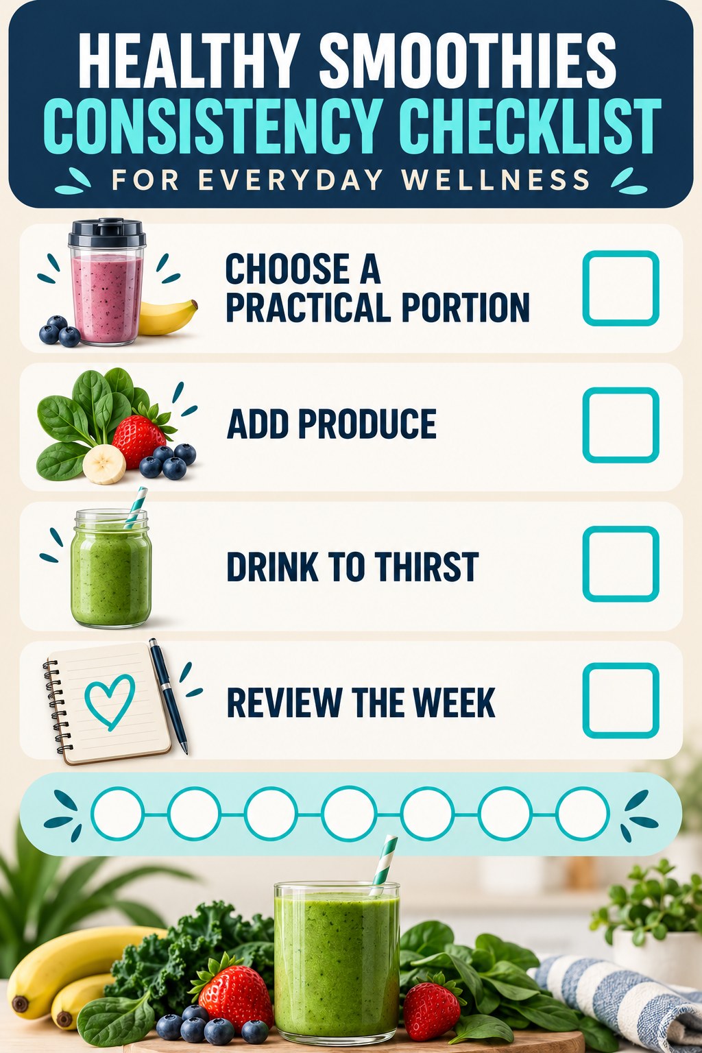 Healthy Smoothies Consistency Checklist for Everyday Wellness infographic with checkboxes for choose a practical portion, add produce, drink to thirst, review the week.