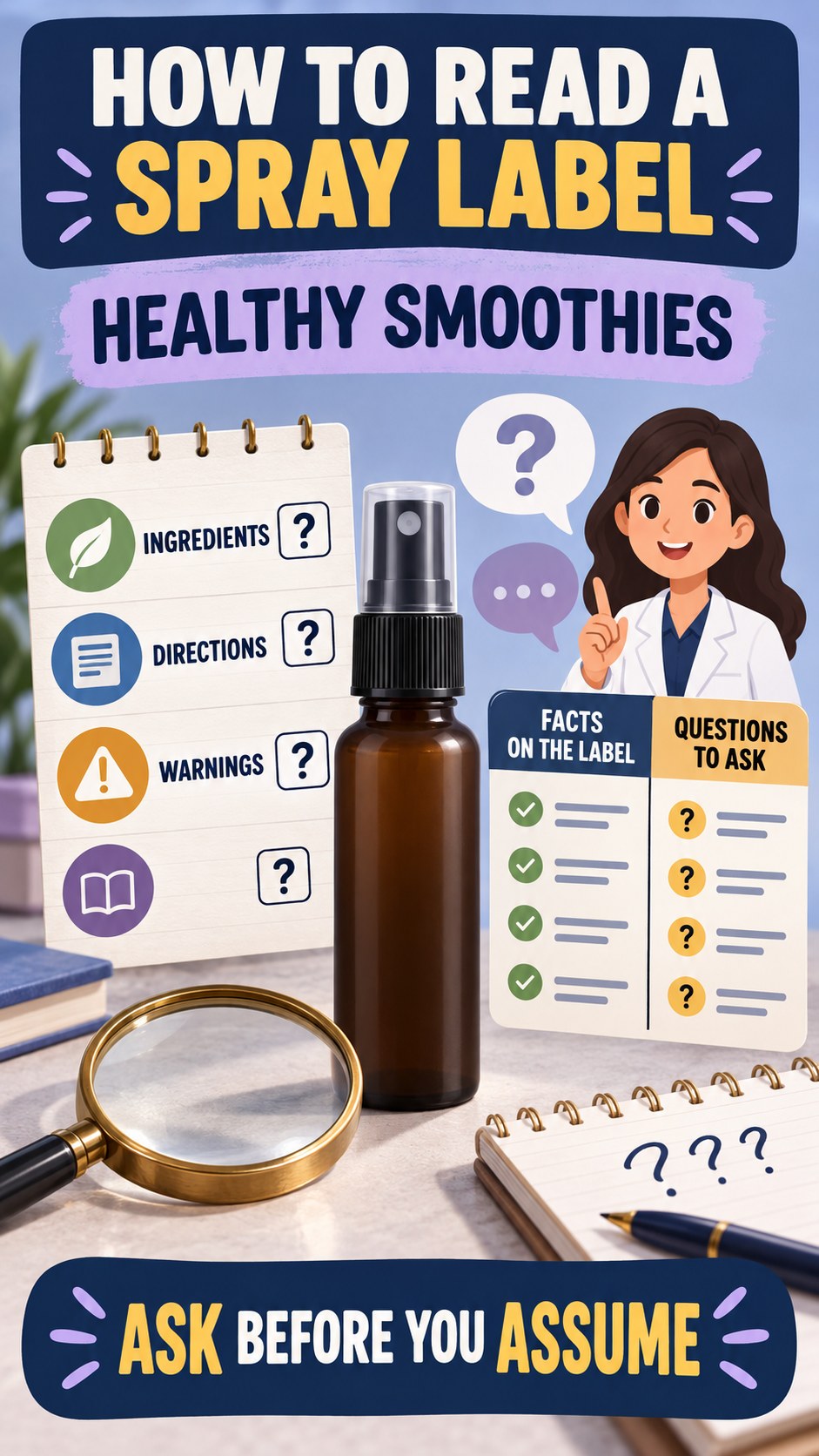 Consumer Questions Checklist infographic for Healthy Smoothies, showing a generic spray-label checklist that separates available facts, missing details, and evidence questions.