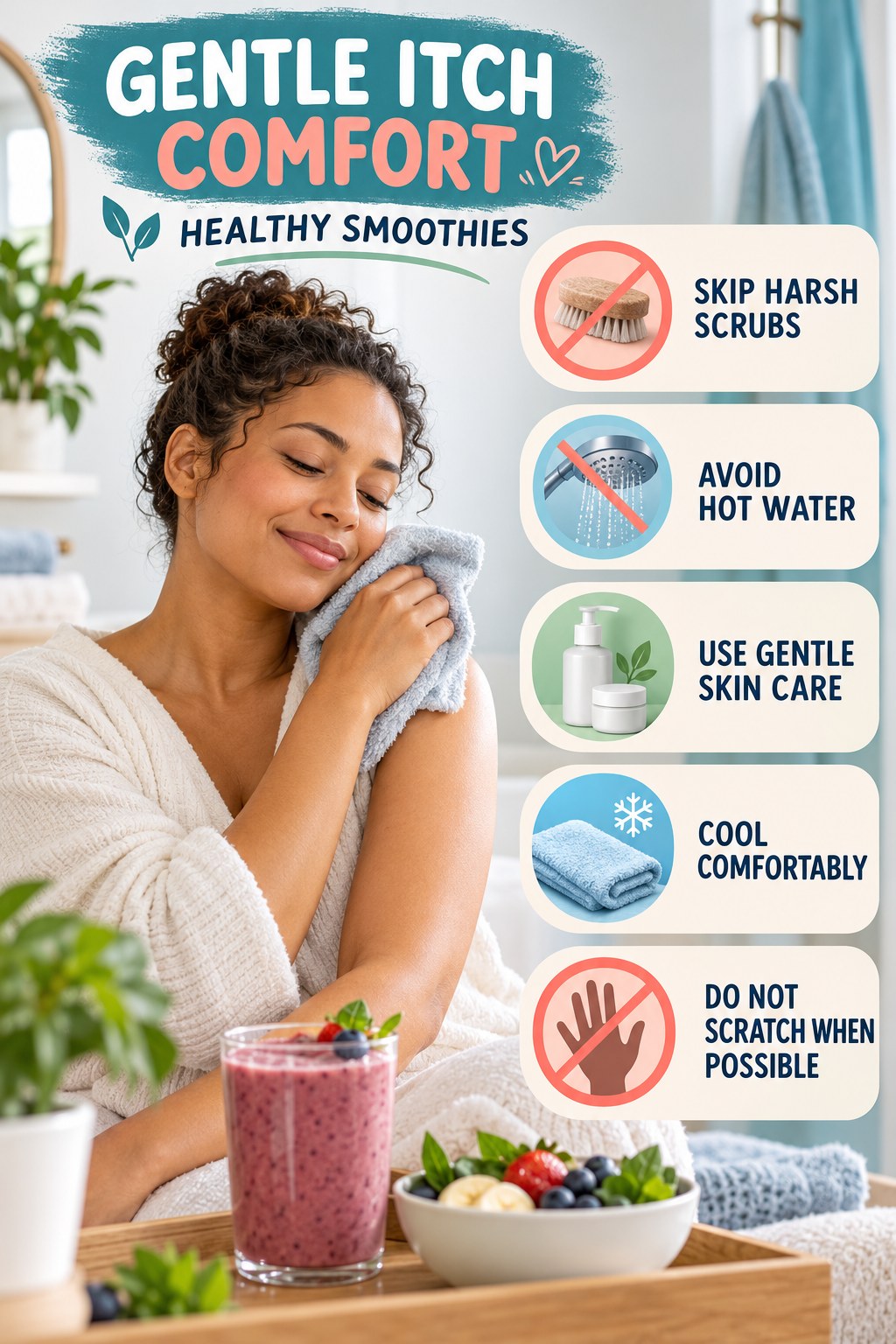 Do Less Irritating, More Soothing infographic for Healthy Smoothies with five gentle itchy-skin comfort strategies and a non-diagnostic safety focus.