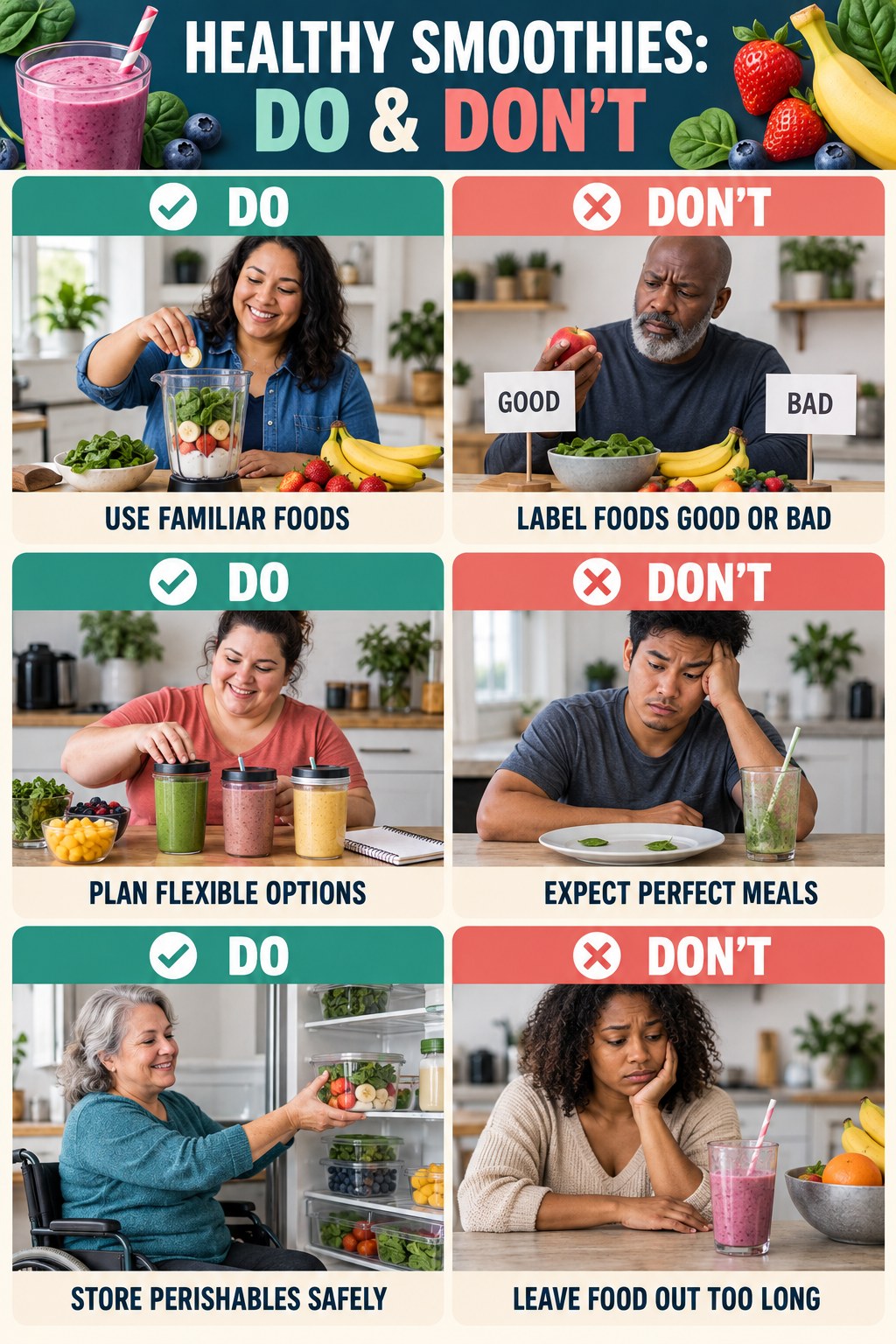 Healthy Smoothies Do and Don’t comparison graphic showing three practical behavior pairs for comfortable portions.