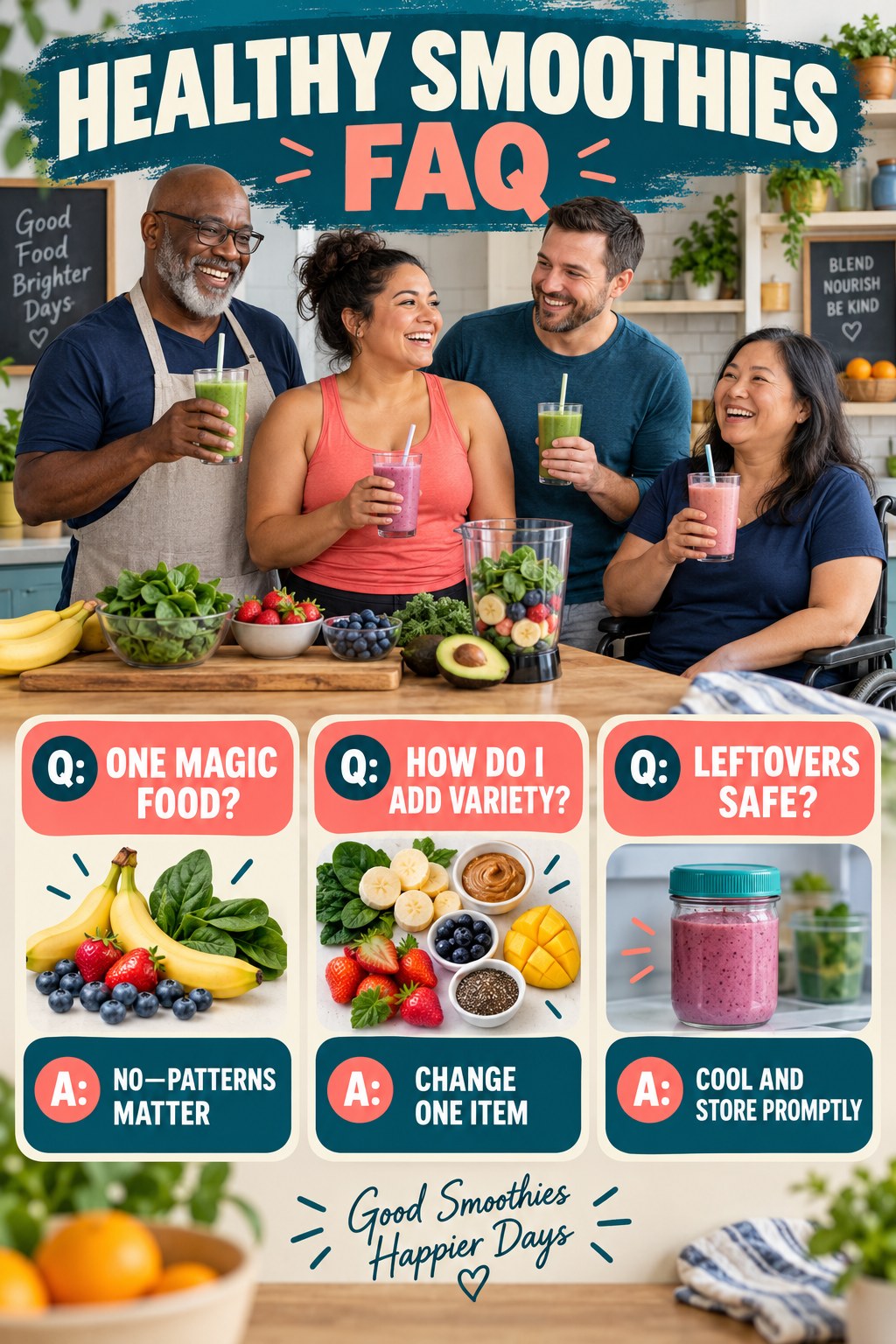 Healthy Smoothies FAQ graphic with three concise questions and practical answers for beginners.