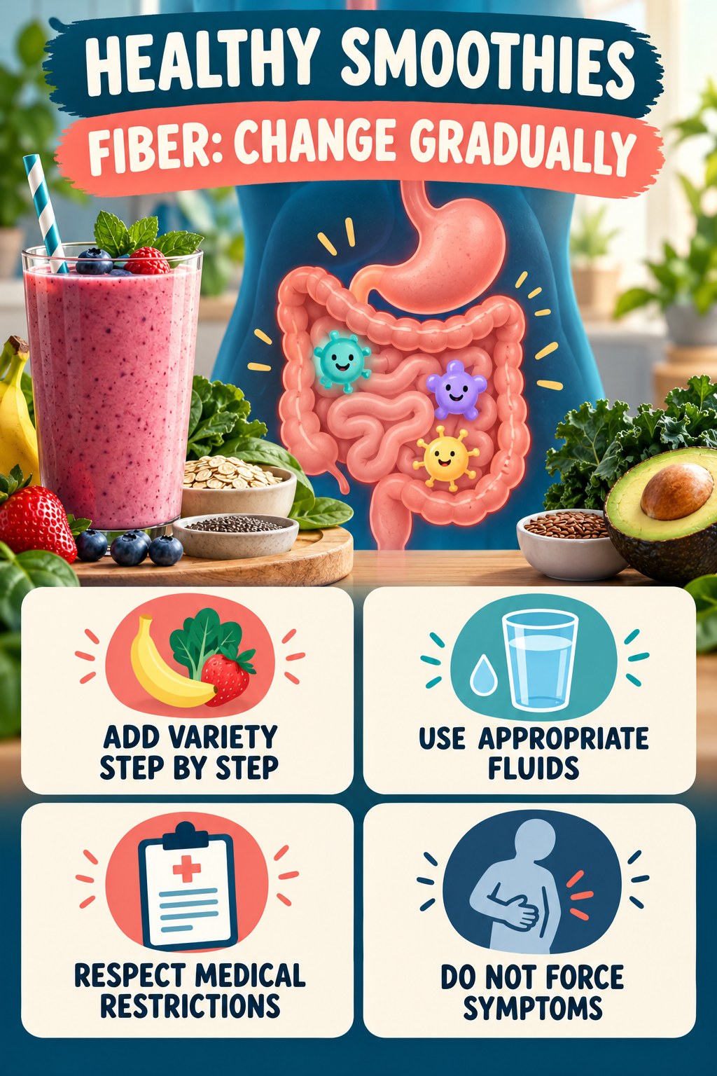 Fiber Changes Should Be Gradual educational infographic for Healthy Smoothies with four evidence-aware points.