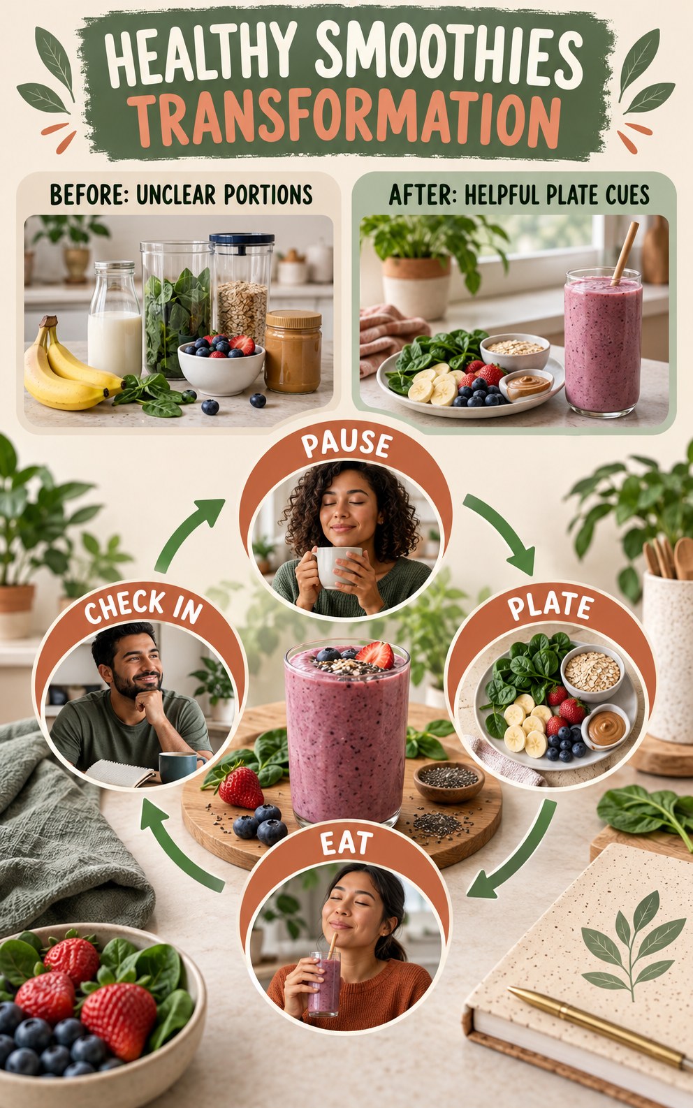 Healthy Smoothies habit transformation graphic comparing unclear portions with helpful plate cues using four practical steps.