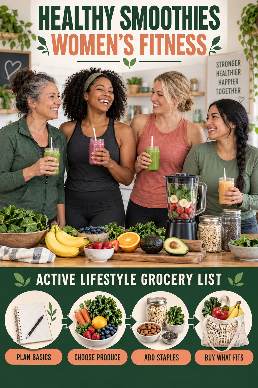 Healthy Smoothies women’s fitness graphic titled Active Lifestyle Grocery List with four practical training prompts.
