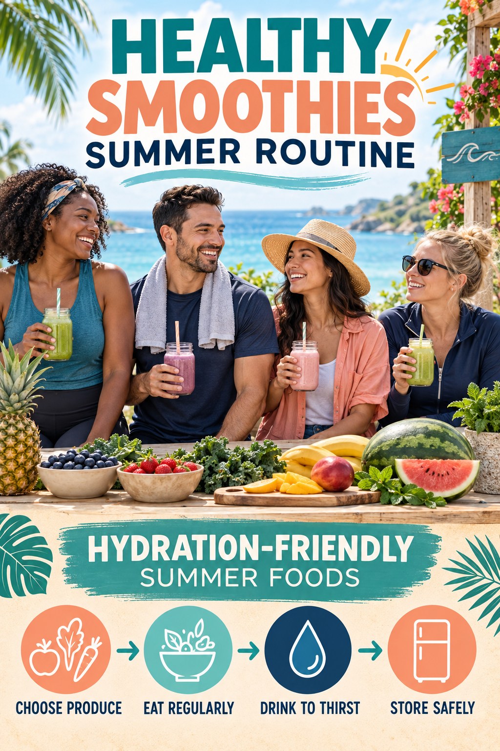Healthy Smoothies summer routine graphic titled Hydration-Friendly Summer Foods with four practical wellness prompts.
