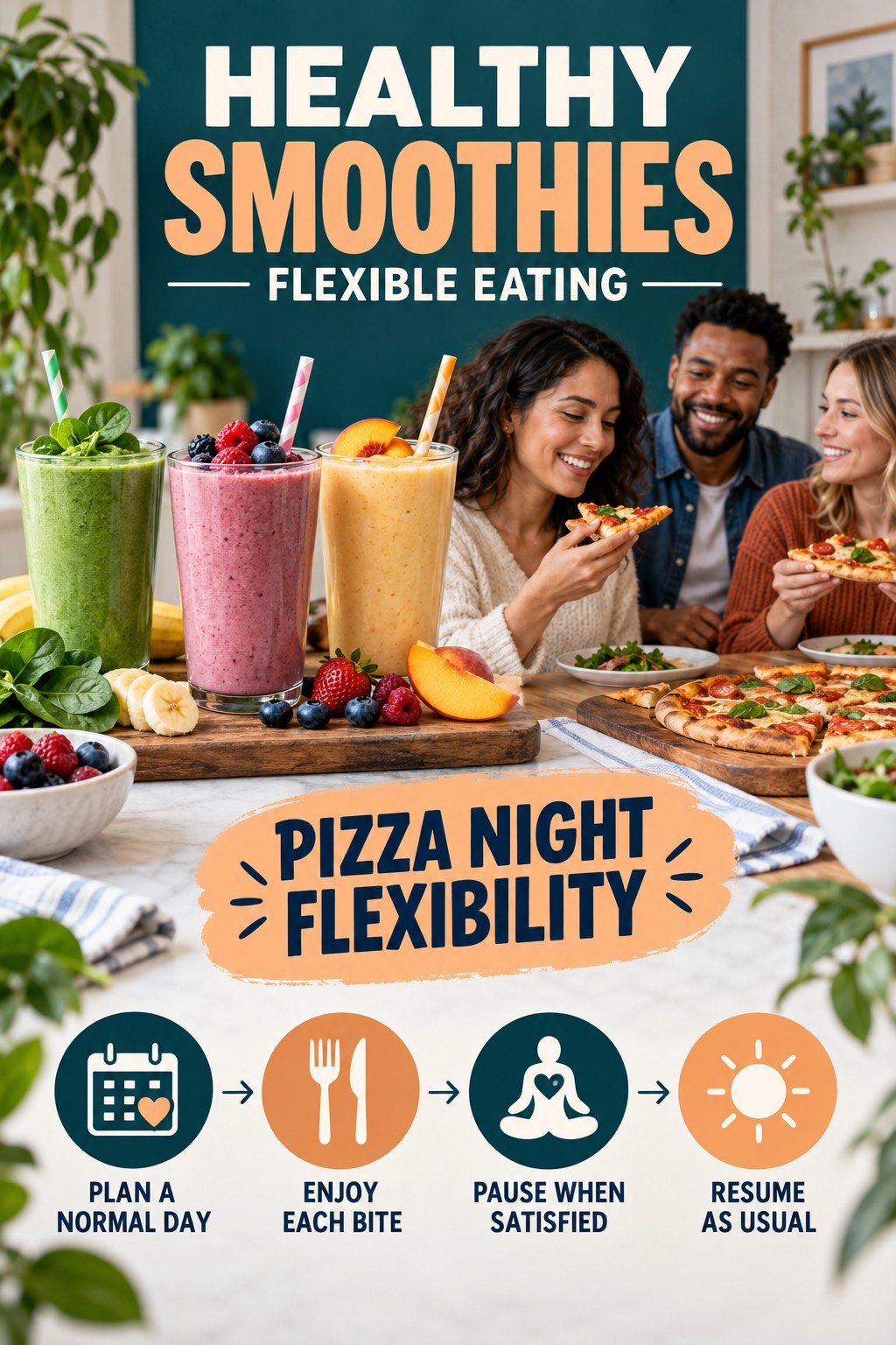 Healthy Smoothies flexible eating graphic titled Pizza Night Flexibility with four practical balance prompts.