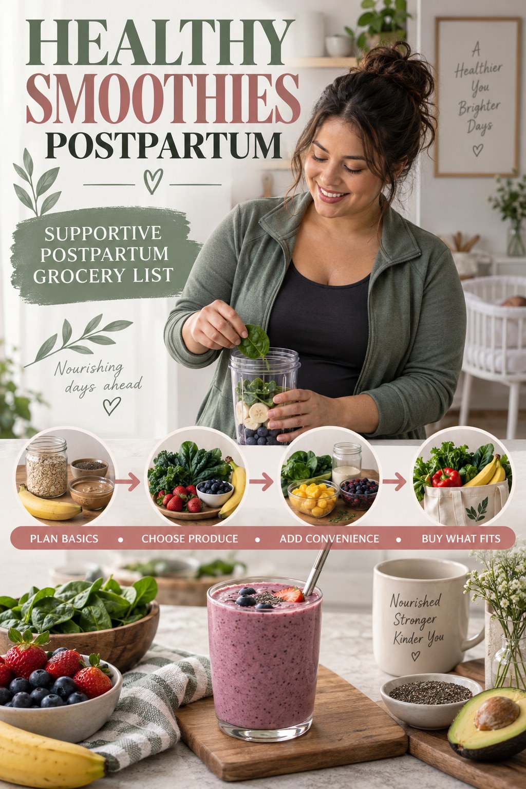 Healthy Smoothies postpartum graphic titled Supportive Postpartum Grocery List with four gradual recovery-aware prompts.