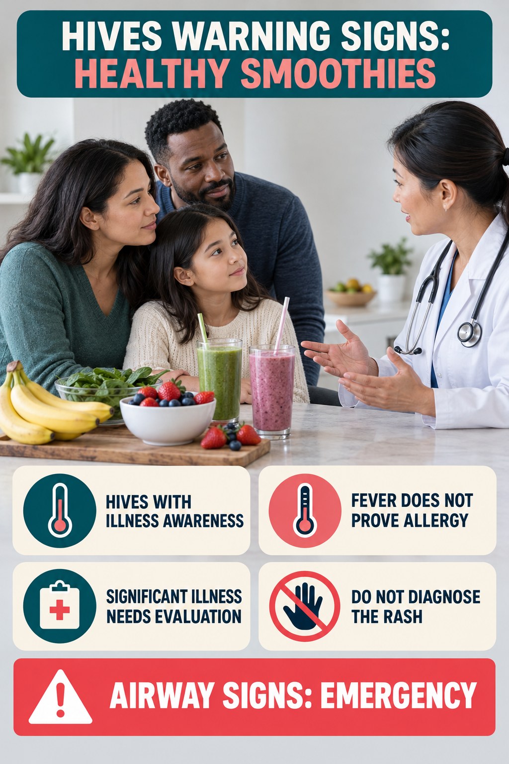 Hives with Illness Awareness infographic for Healthy Smoothies, highlighting urgent breathing, throat, swelling, fainting, and rapid-progression warning signs without diagnosing hives.