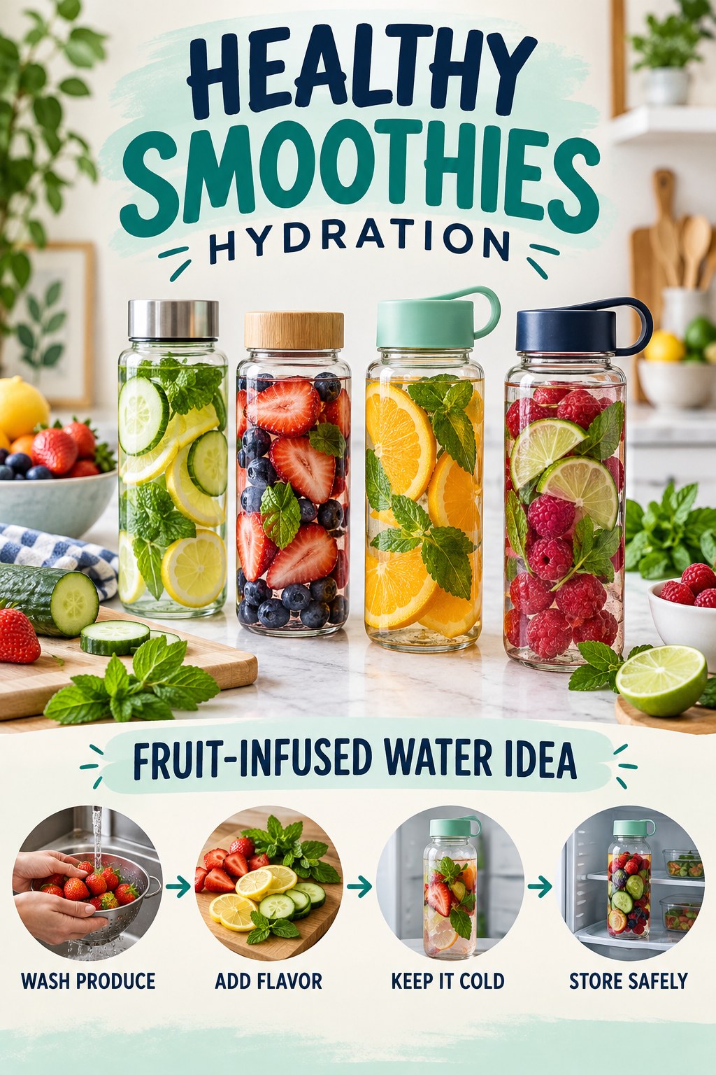 Healthy Smoothies hydration graphic titled Fruit-Infused Water Idea with four flexible water-habit prompts and no fixed intake target.