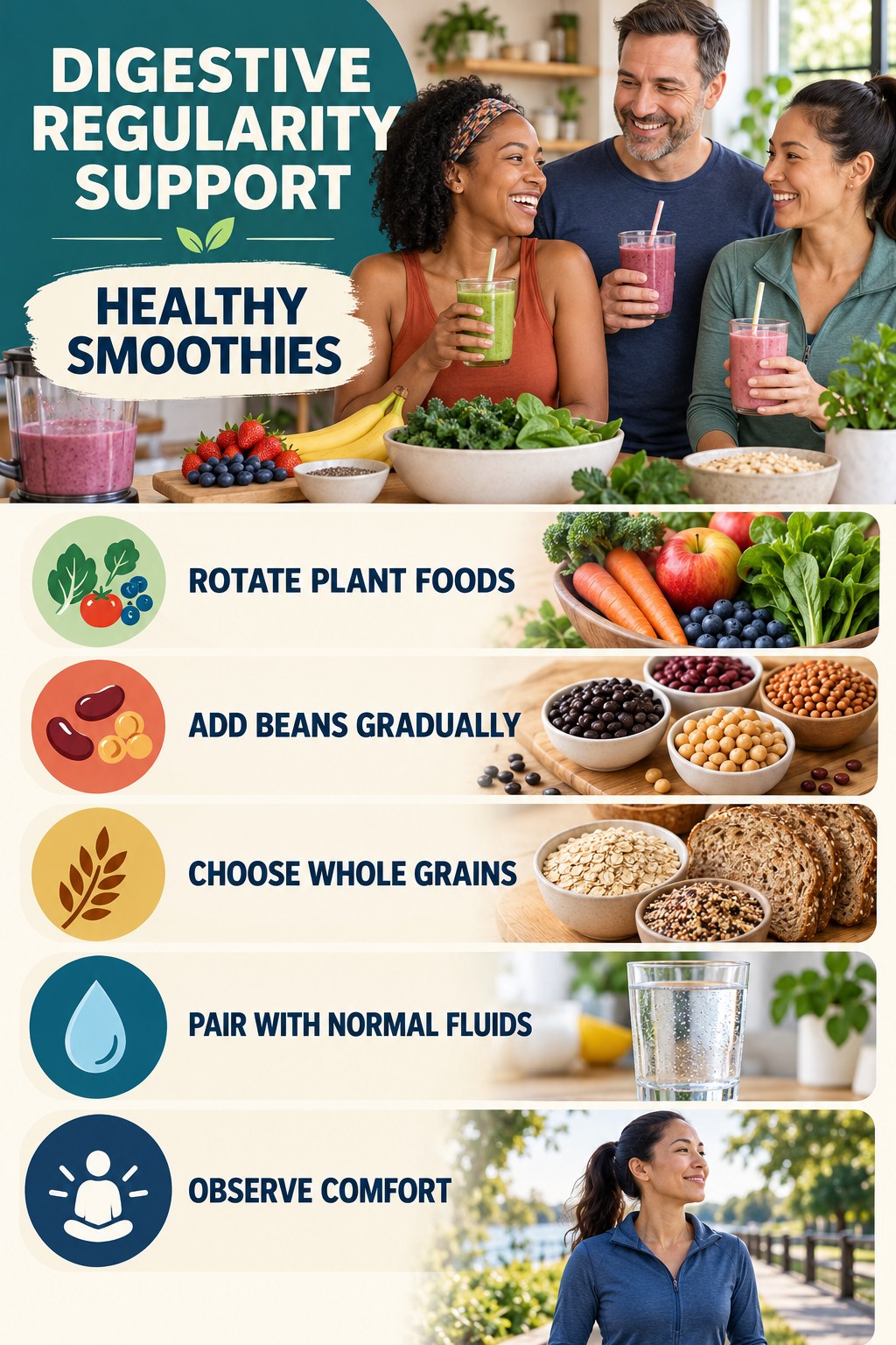 Meal Prep for Fiber Variety infographic for Healthy Smoothies with five practical food, hydration, movement, or routine actions and no cleanse claims.