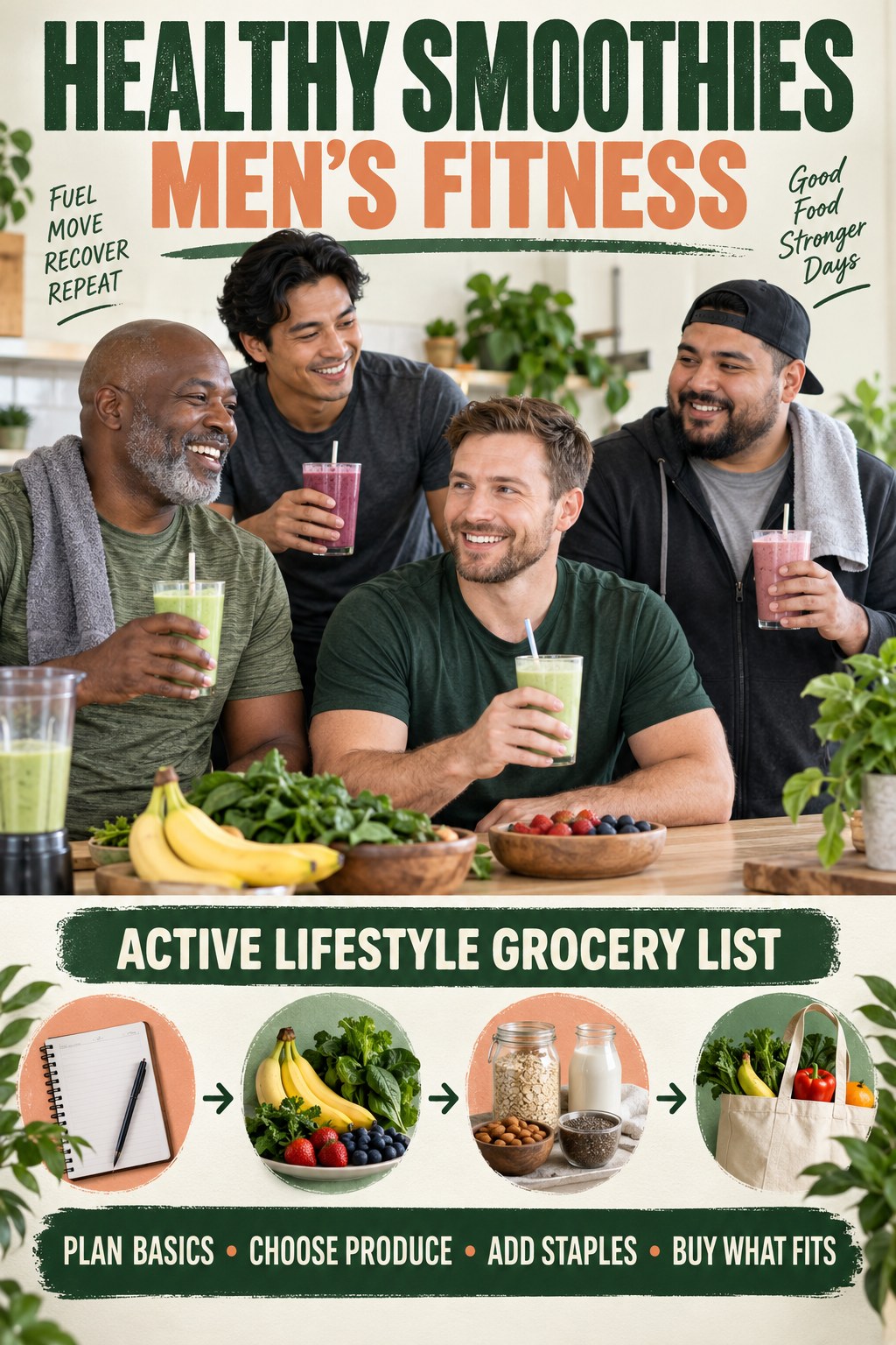 Healthy Smoothies men’s fitness graphic titled Active Lifestyle Grocery List with four practical training prompts.