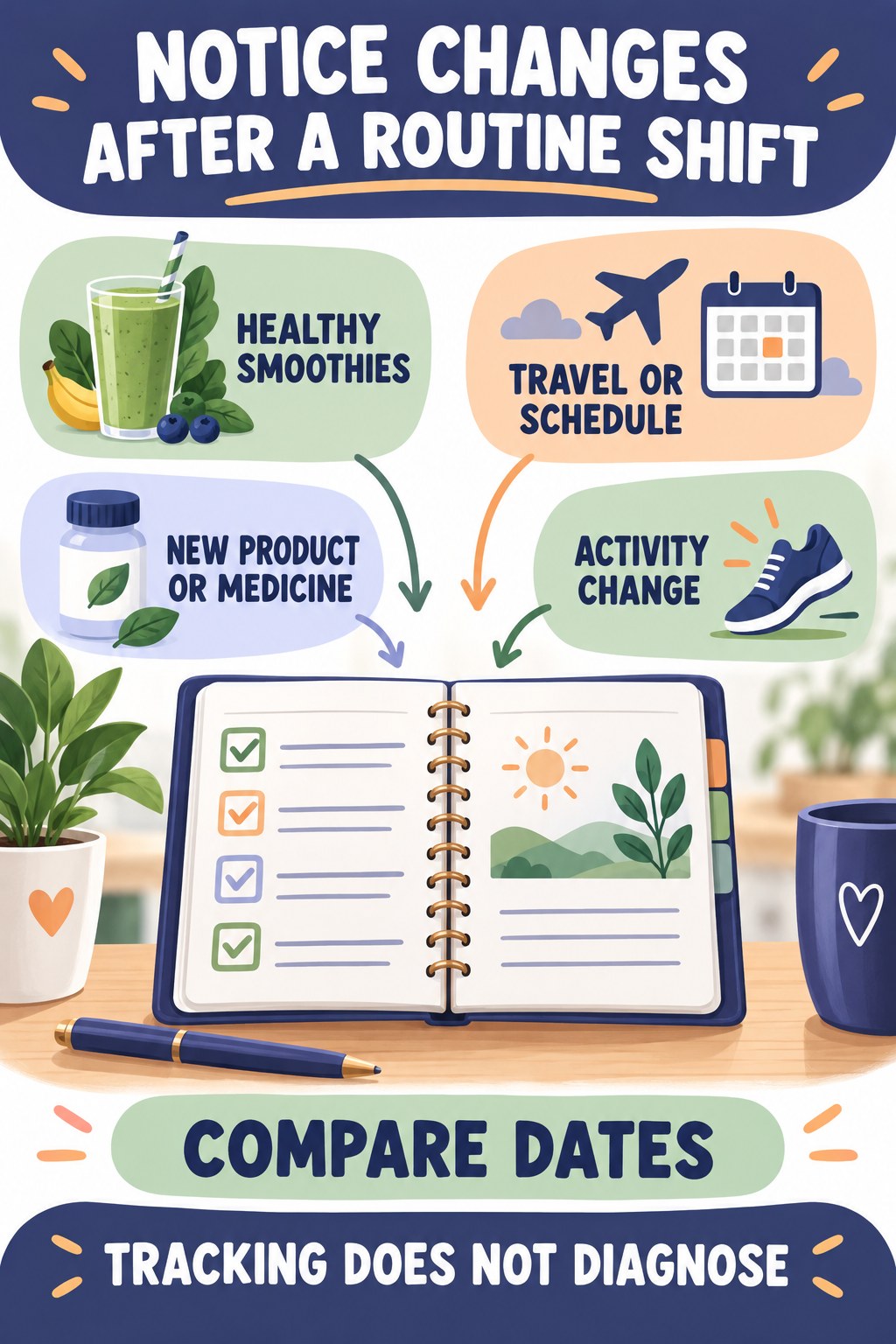 Notice Changes After a Routine Shift urinary symptom tracking infographic for Healthy Smoothies with four practical diary points and a non-diagnostic reminder.