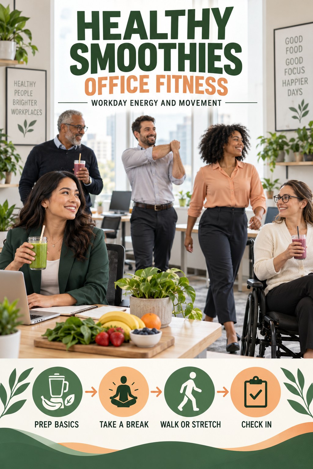 Healthy Smoothies office-fitness graphic titled Workday Energy and Movement with four practical workday movement prompts.
