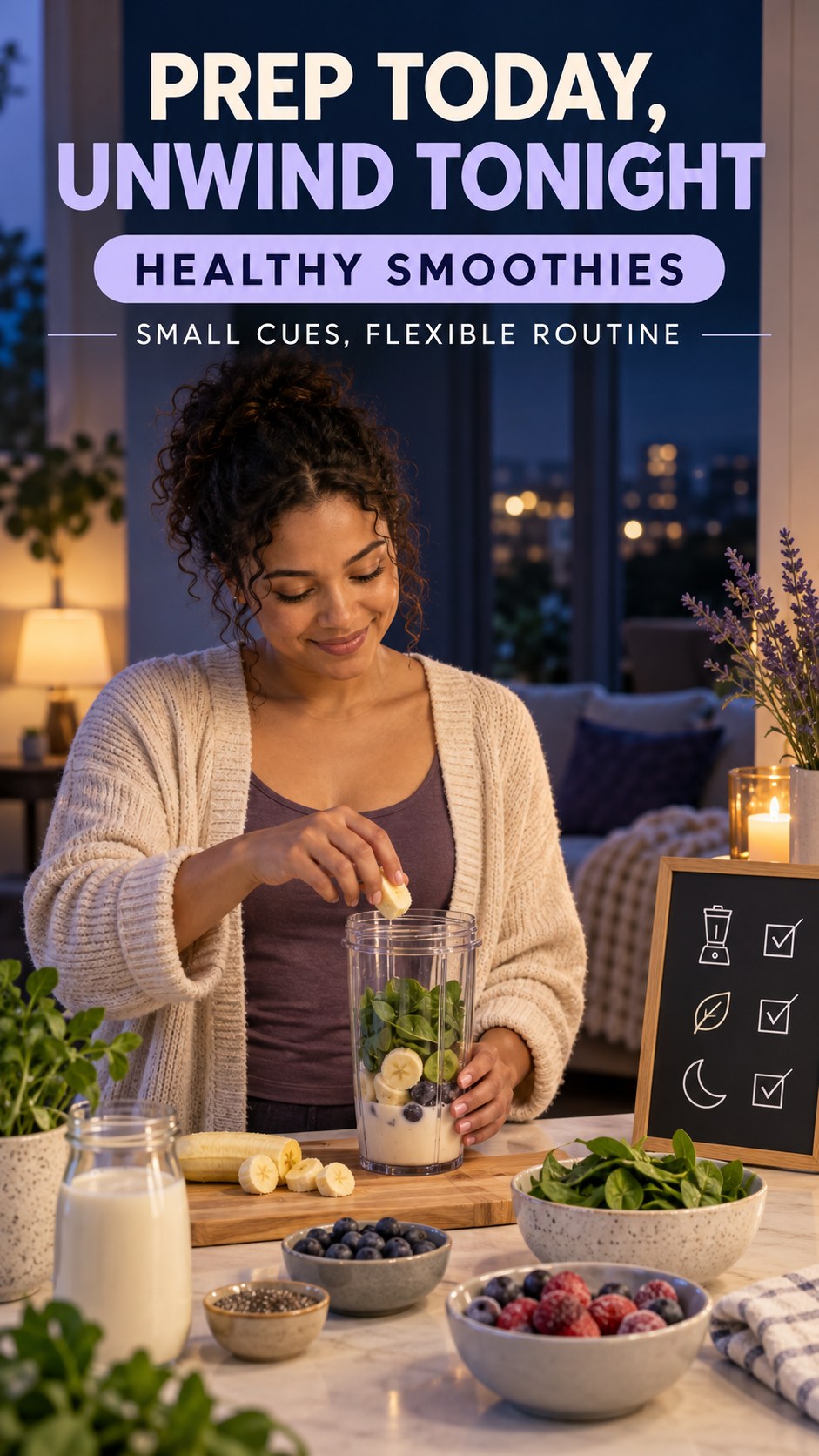 Meal Prep and Sleep Routine infographic for Healthy Smoothies, showing a flexible and calming evening wellness routine.