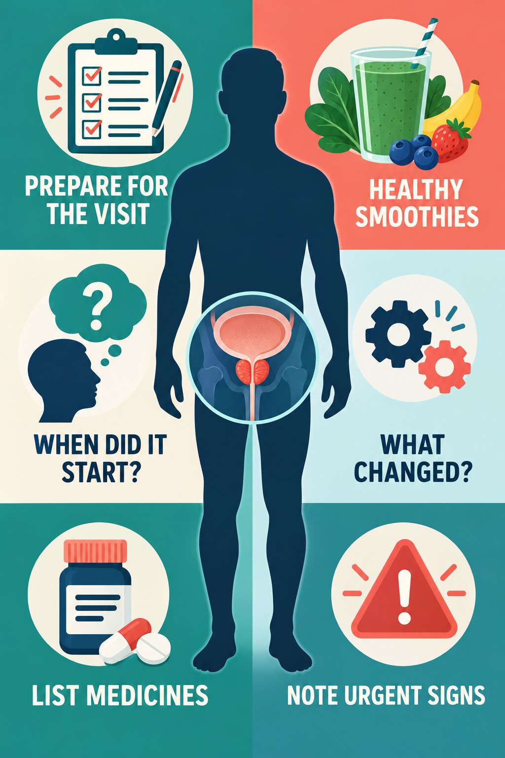 Prepare a Symptom and Medication Summary infographic for Healthy Smoothies with four concise prostate-health awareness points.