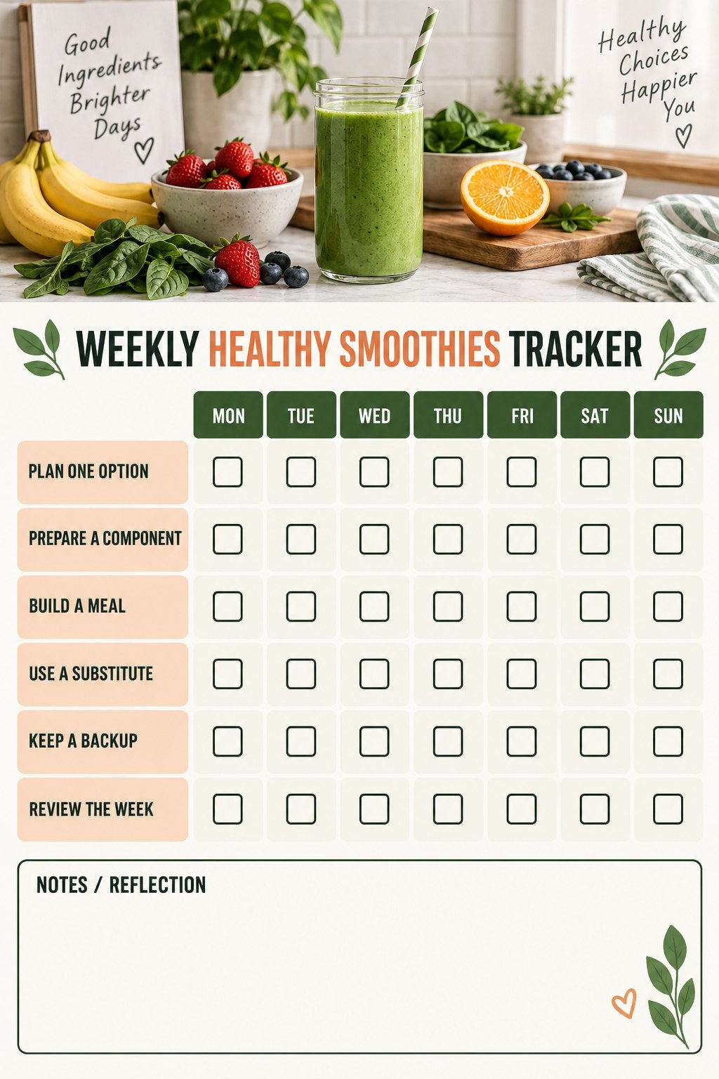 Weekly Healthy Smoothies printable-style tracker graphic with six labeled rows, empty checkboxes, and a reflection area.