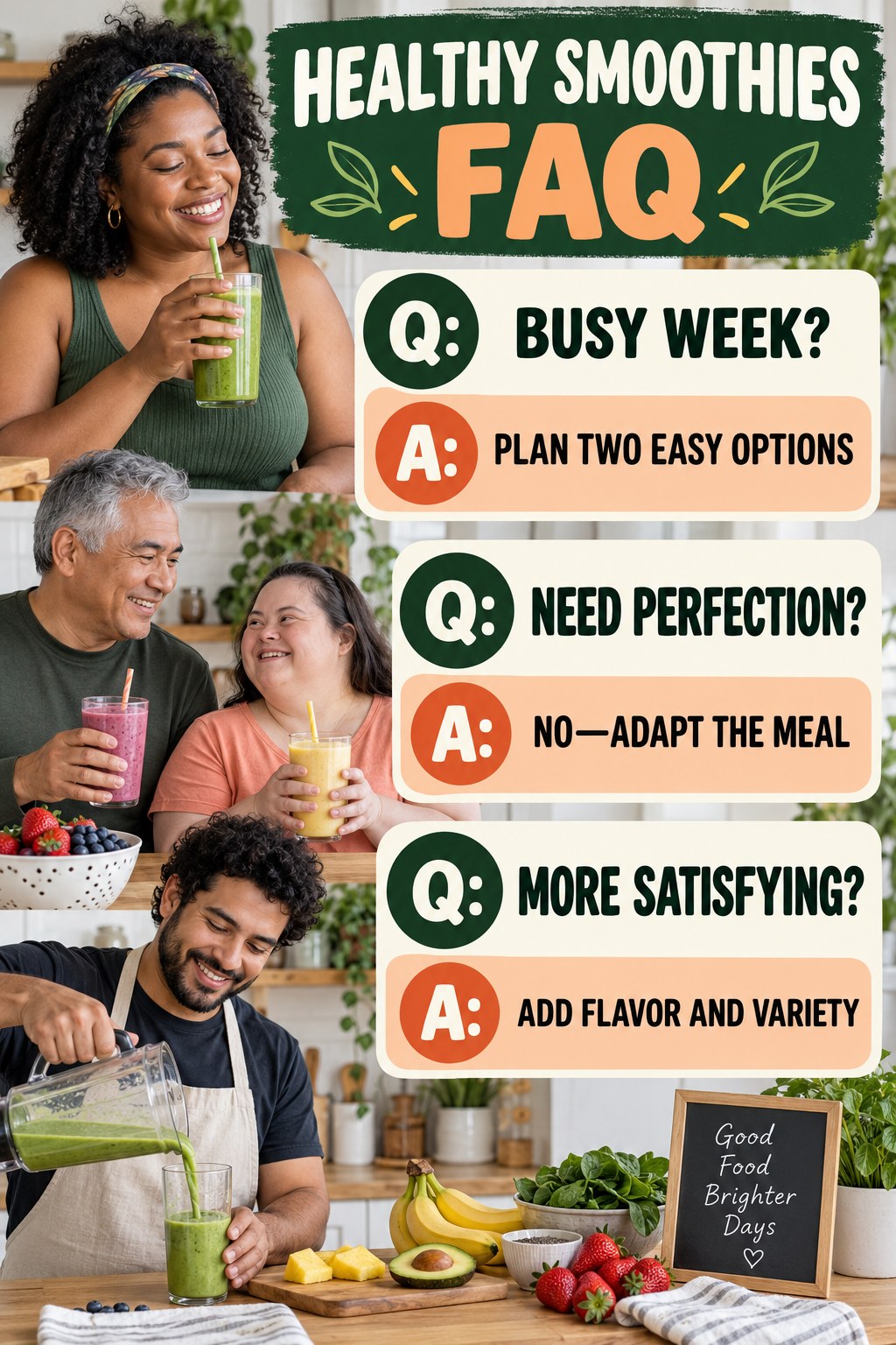 Healthy Smoothies FAQ graphic with three concise questions and practical answers for beginners.