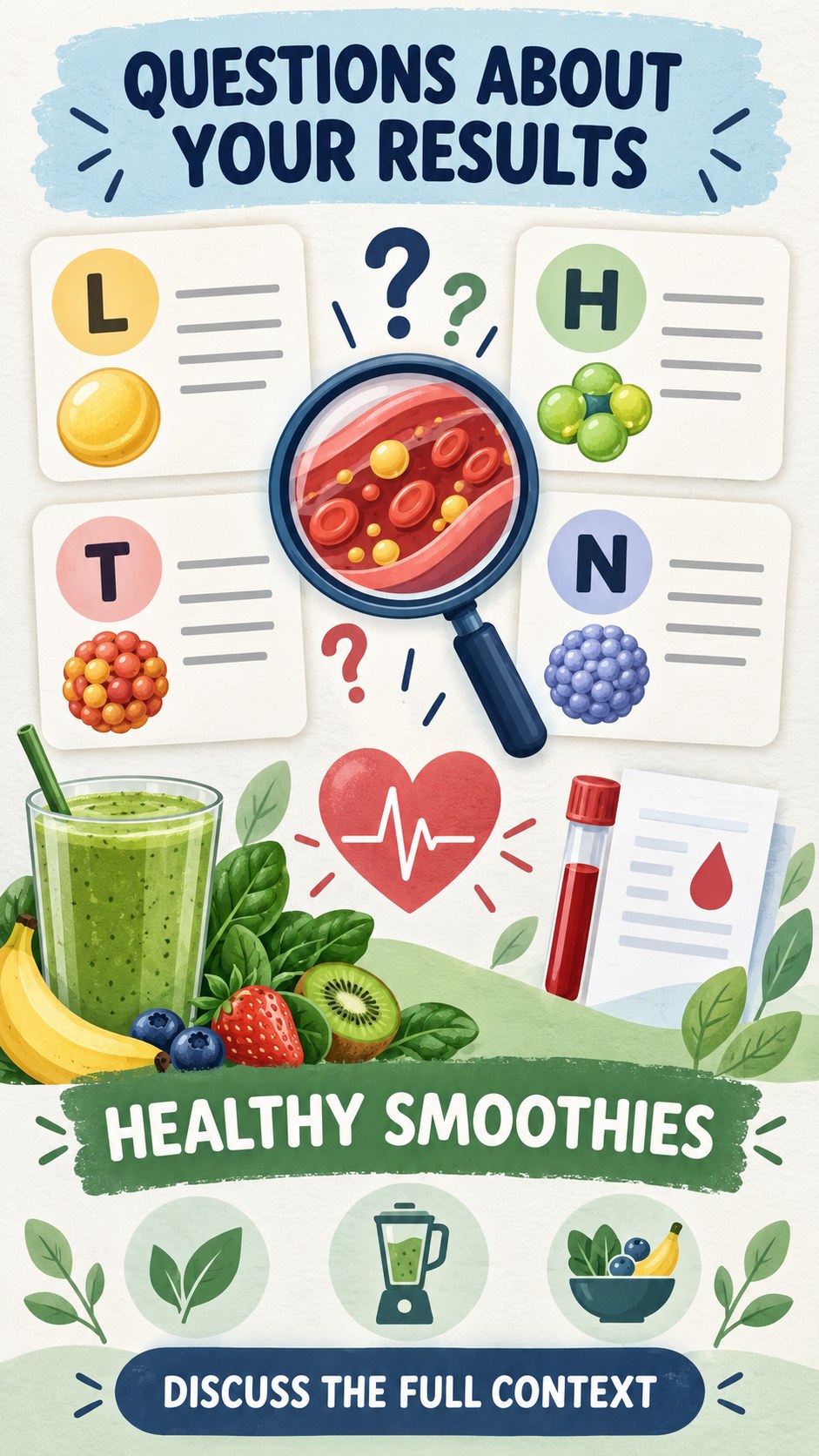 Questions for Your Clinician infographic for Healthy Smoothies, using a non-numerical educational lipid-panel layout with question and context icons.