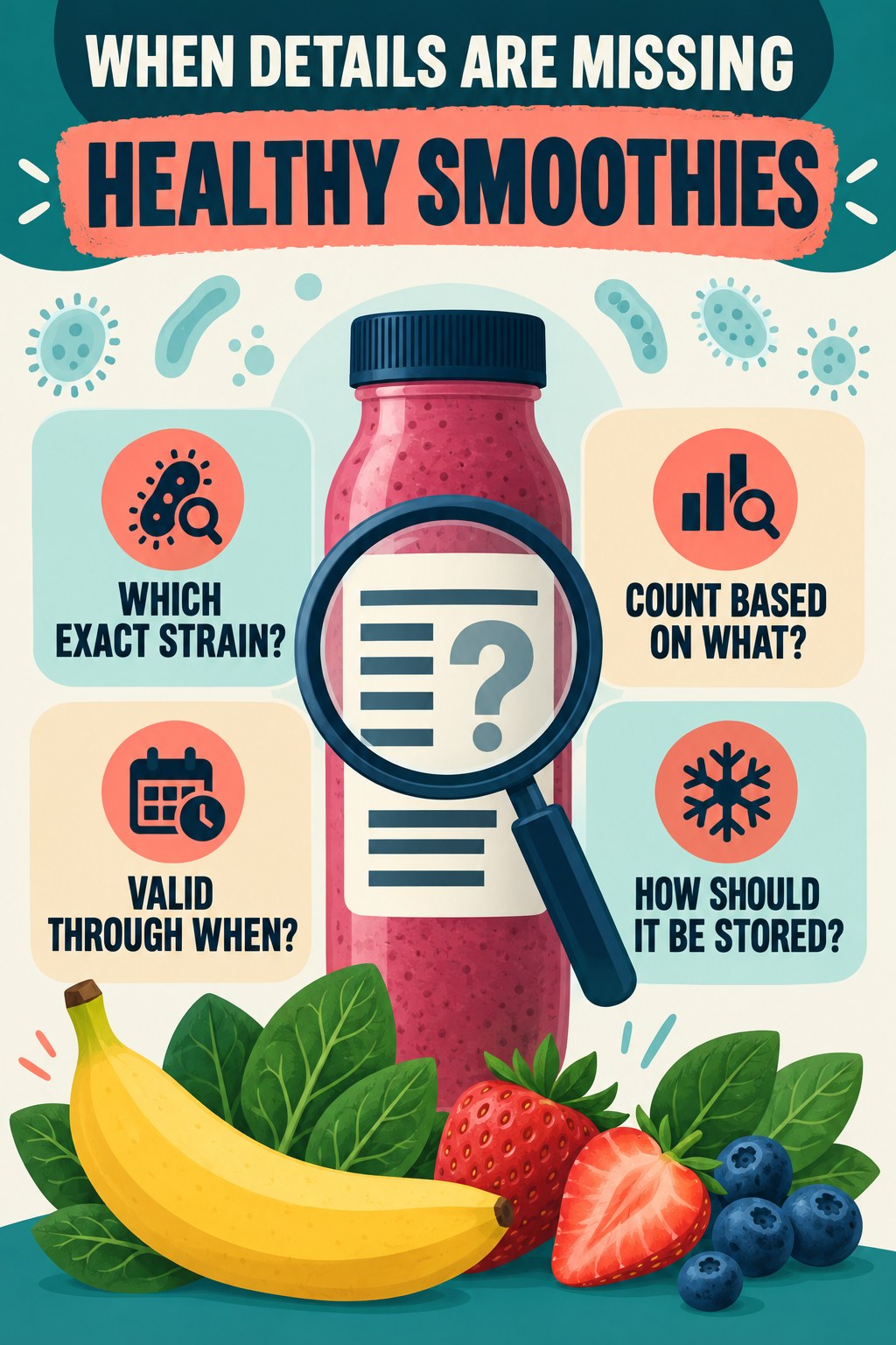 Questions to Ask About an Incomplete Label infographic for Healthy Smoothies with four concise probiotic-label reading points.