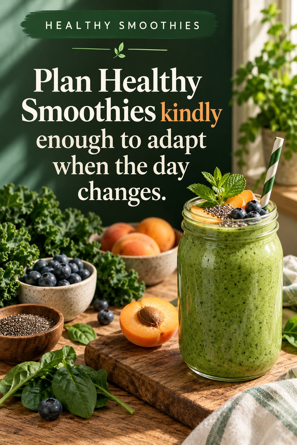 Original Healthy Smoothies quote graphic reading “Plan Healthy Smoothies kindly enough to adapt when the day changes.” in a board-relevant editorial design.
