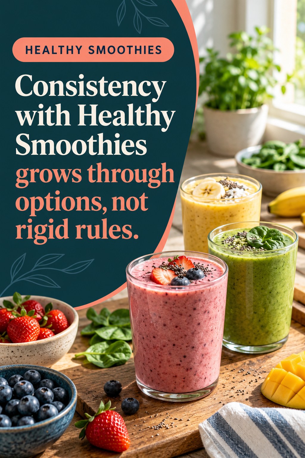 Original Healthy Smoothies quote graphic reading “Consistency with Healthy Smoothies grows through options, not rigid rules.” in a board-relevant editorial design.