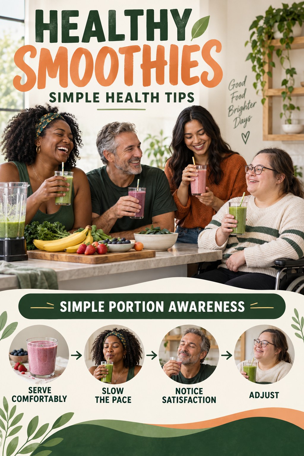 Healthy Smoothies simple-health graphic titled Simple Portion Awareness with four practical wellness prompts.