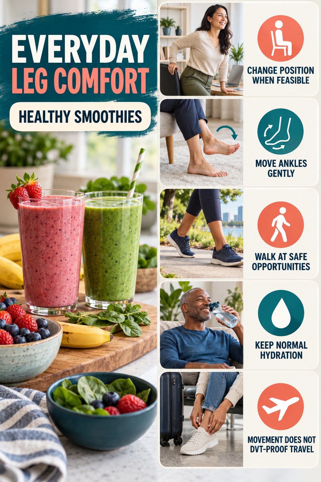 Travel Leg Comfort infographic for Healthy Smoothies with five gentle movement, position, footwear, recovery, or safety actions.